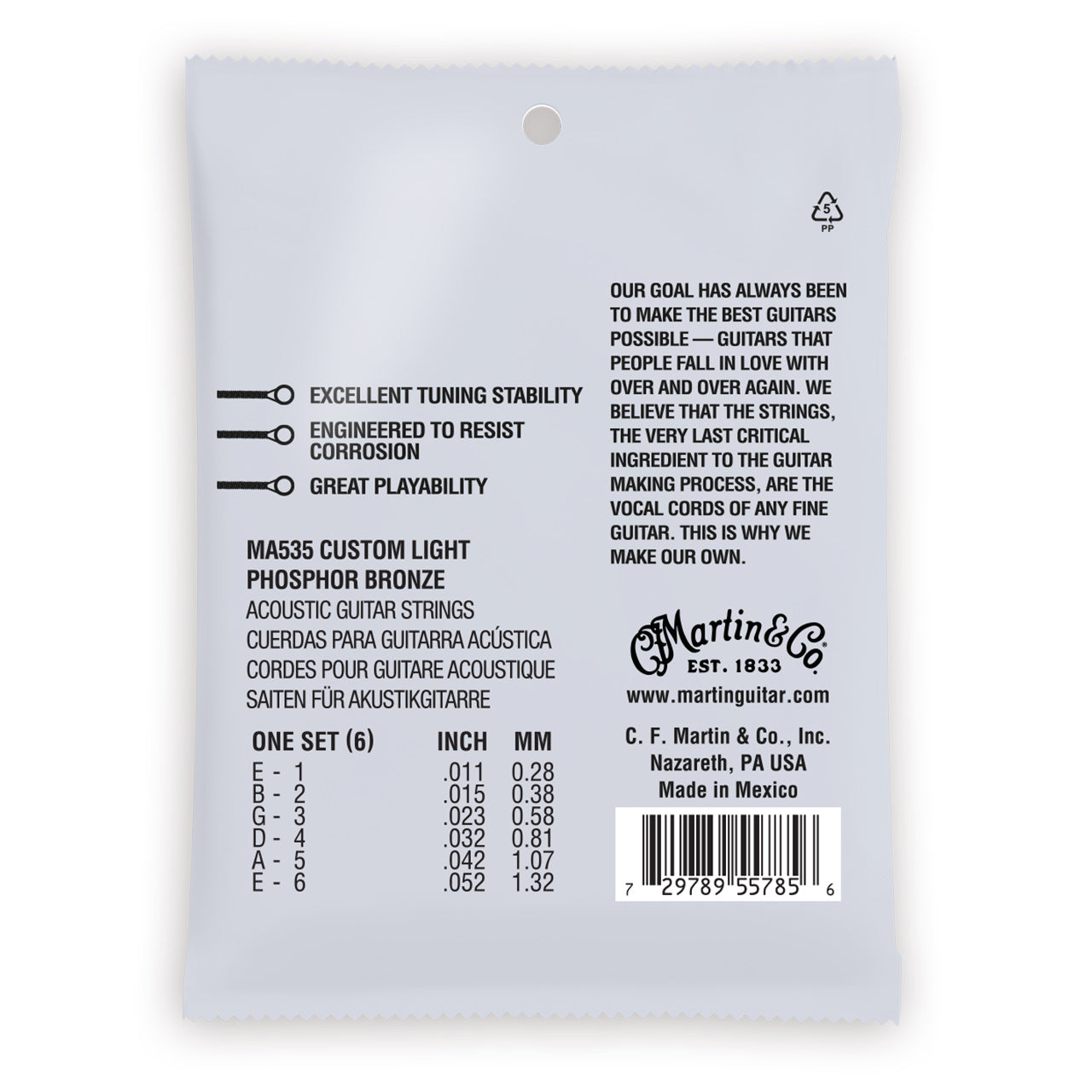 Martin Authentic Acoustic SP Strings, Model MA535, Custom Light, back