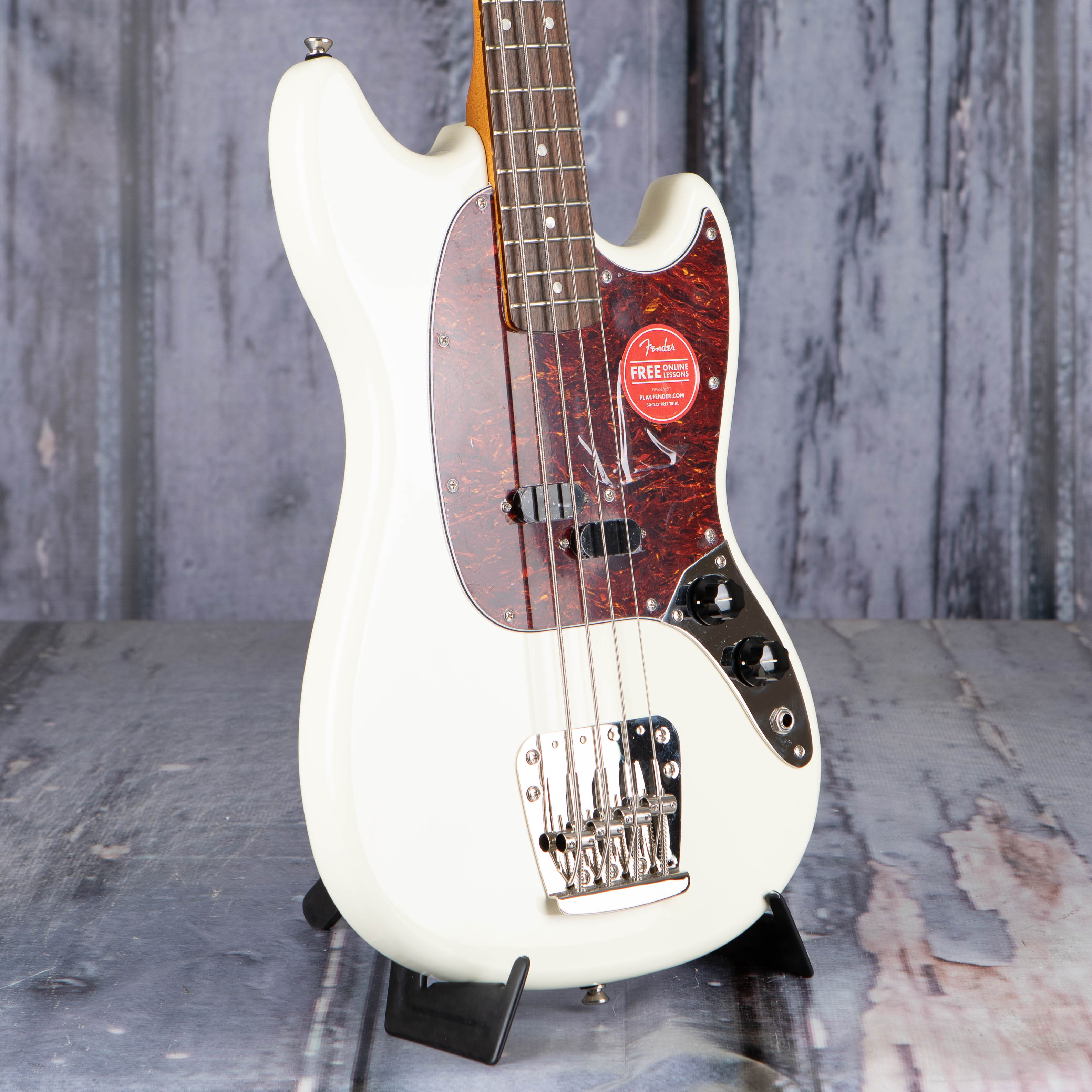 Squier Classic Vibe '60s Mustang Bass Guitar, Olympic White, angle