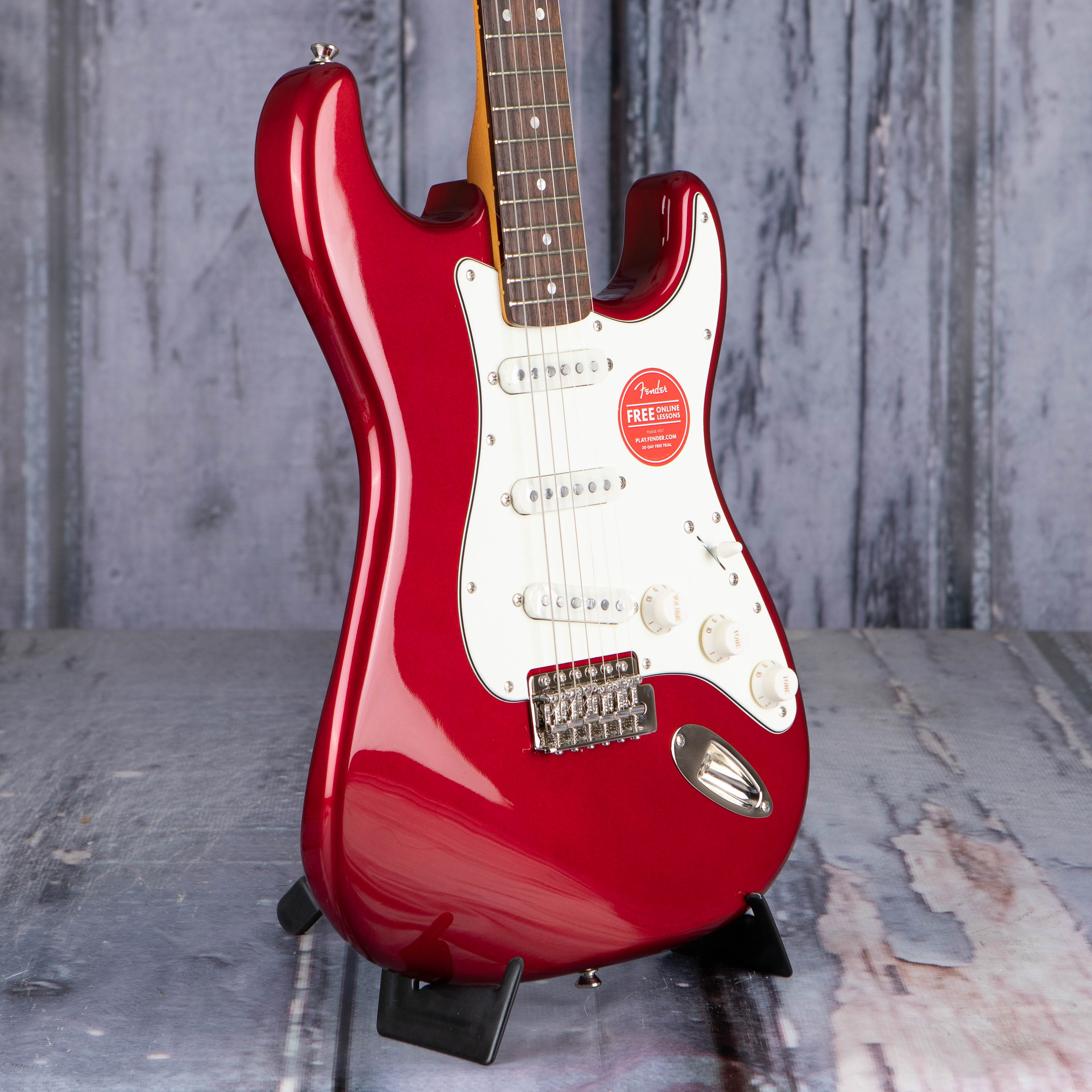 Squier Classic Vibe '60s Stratocaster Electric Guitar, Candy Apple Red, angle