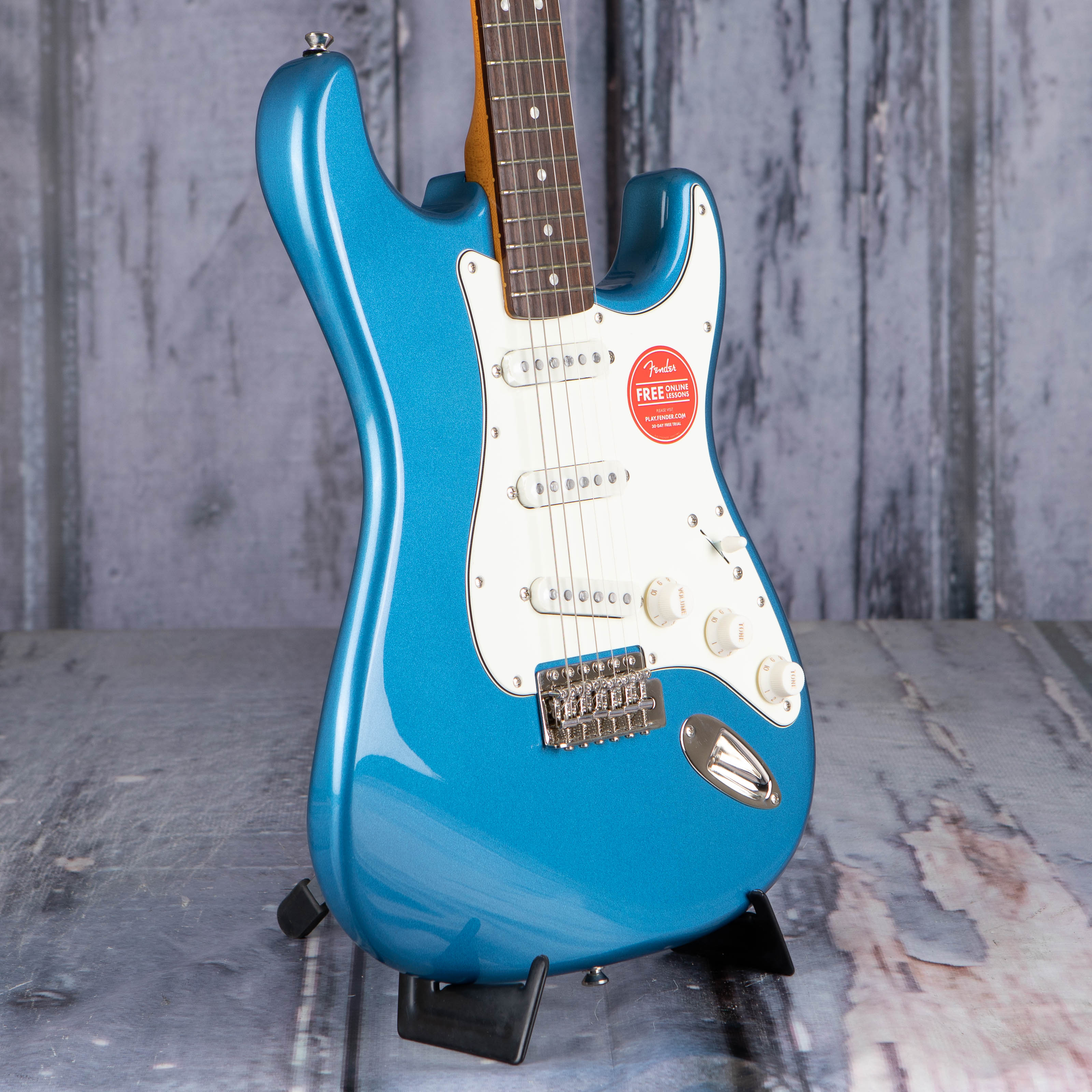 Squier Classic Vibe '60s Stratocaster Electric Guitar, Lake Placid Blue, angle