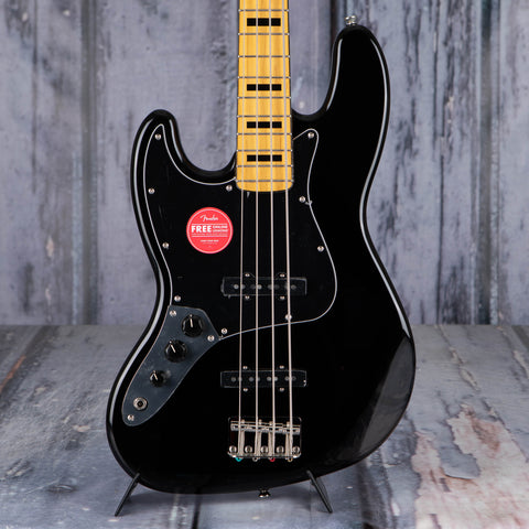 Squier Classic Vibe '70s Left-Handed Jazz Bass Guitar, Black, front closeup