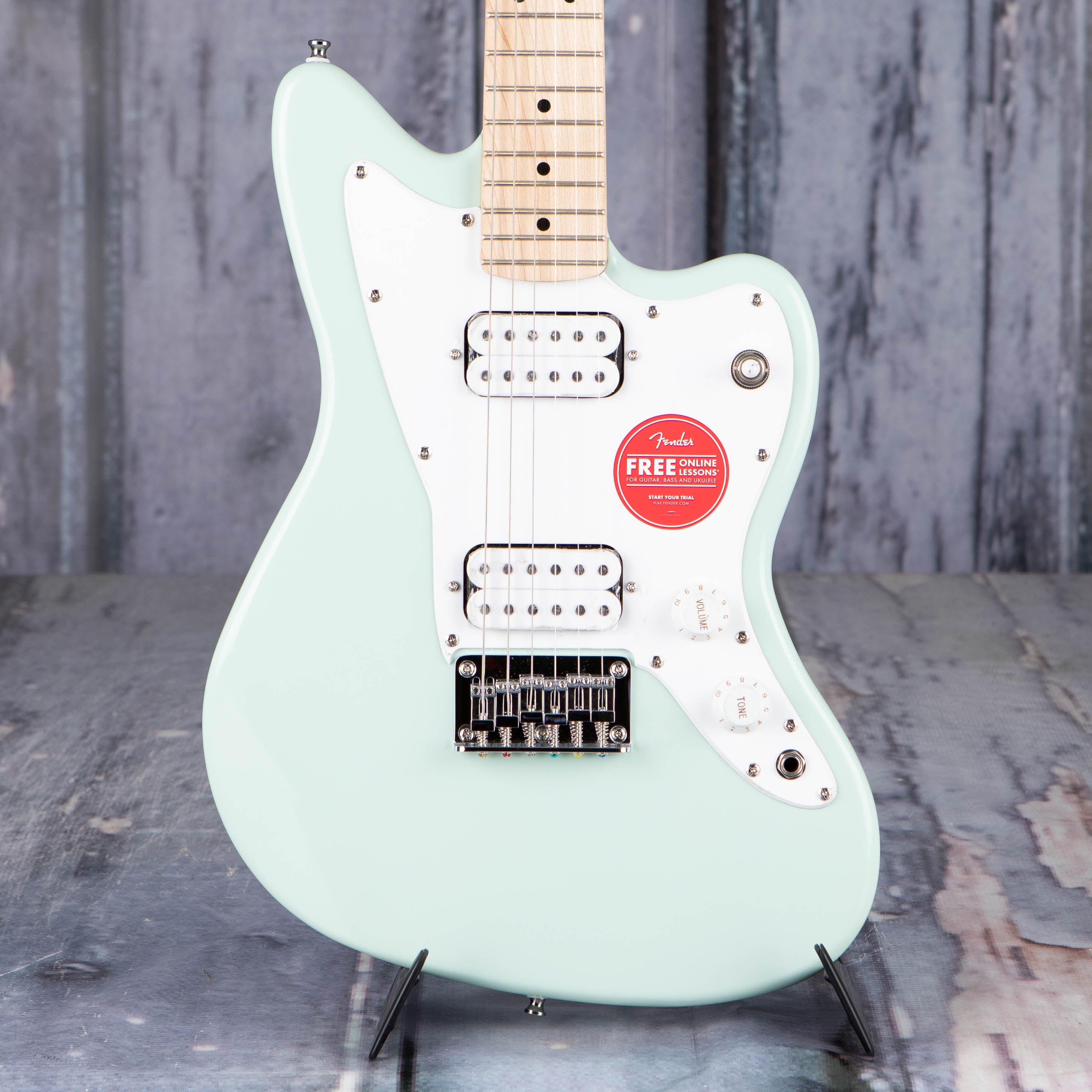 Squier Mini Jazzmaster HH Electric Guitar, Surf Green, front closeup