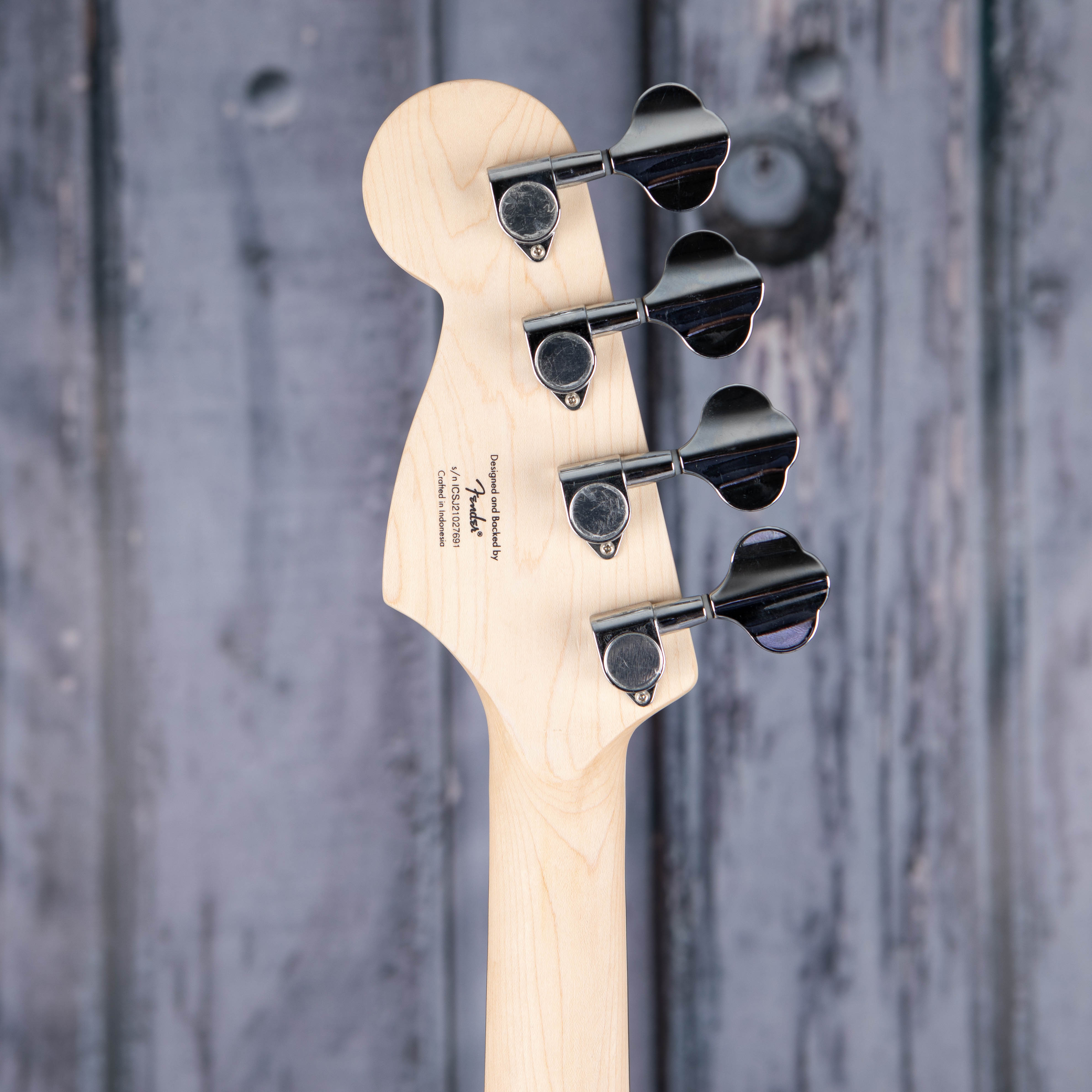 Squier Mini Precision Bass Guitar, Black, back headstock