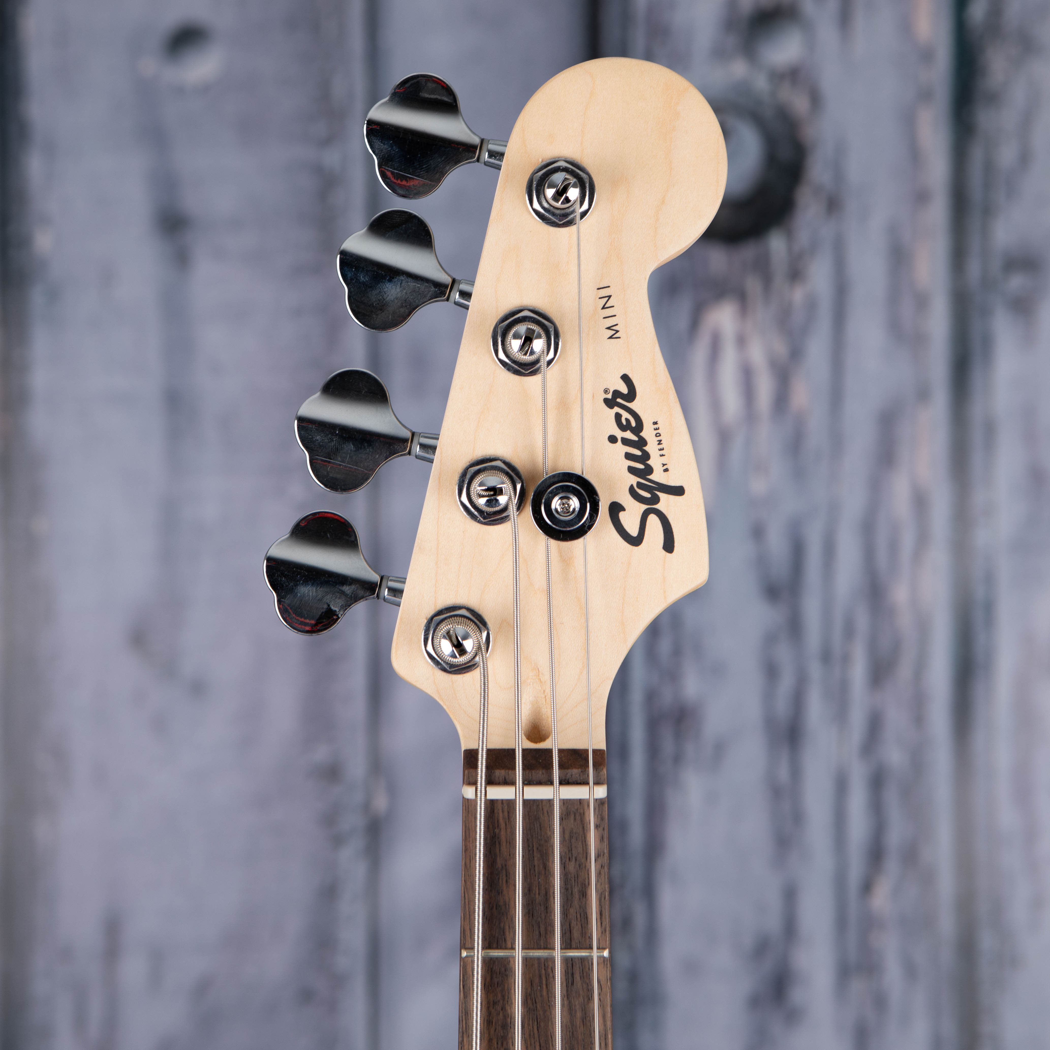 Squier Mini Precision Bass Guitar, Dakota Red, front headstock