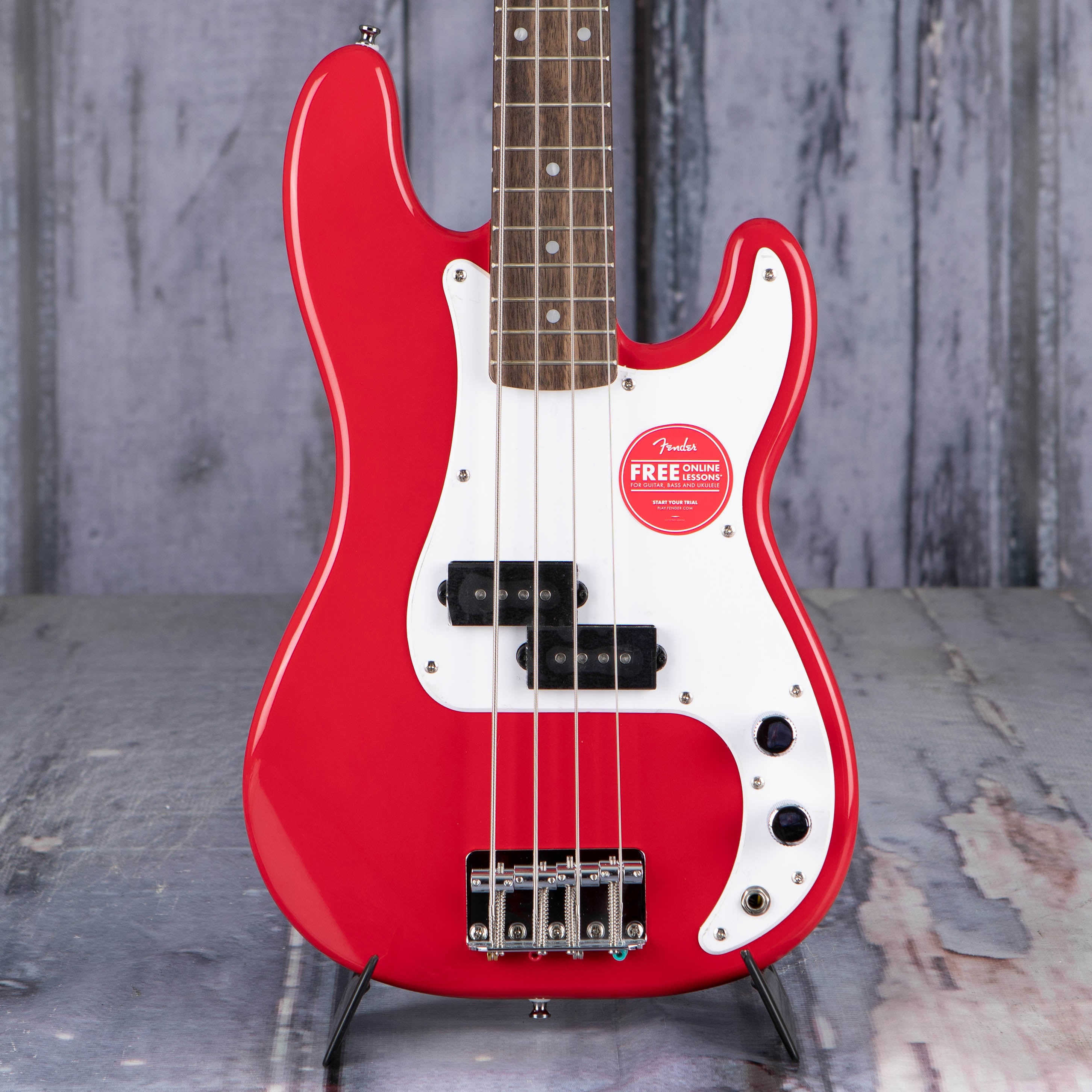 Squier Mini Precision Bass Guitar, Dakota Red, front closeup