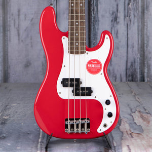 Squier Mini Precision Bass Guitar, Dakota Red, front closeup