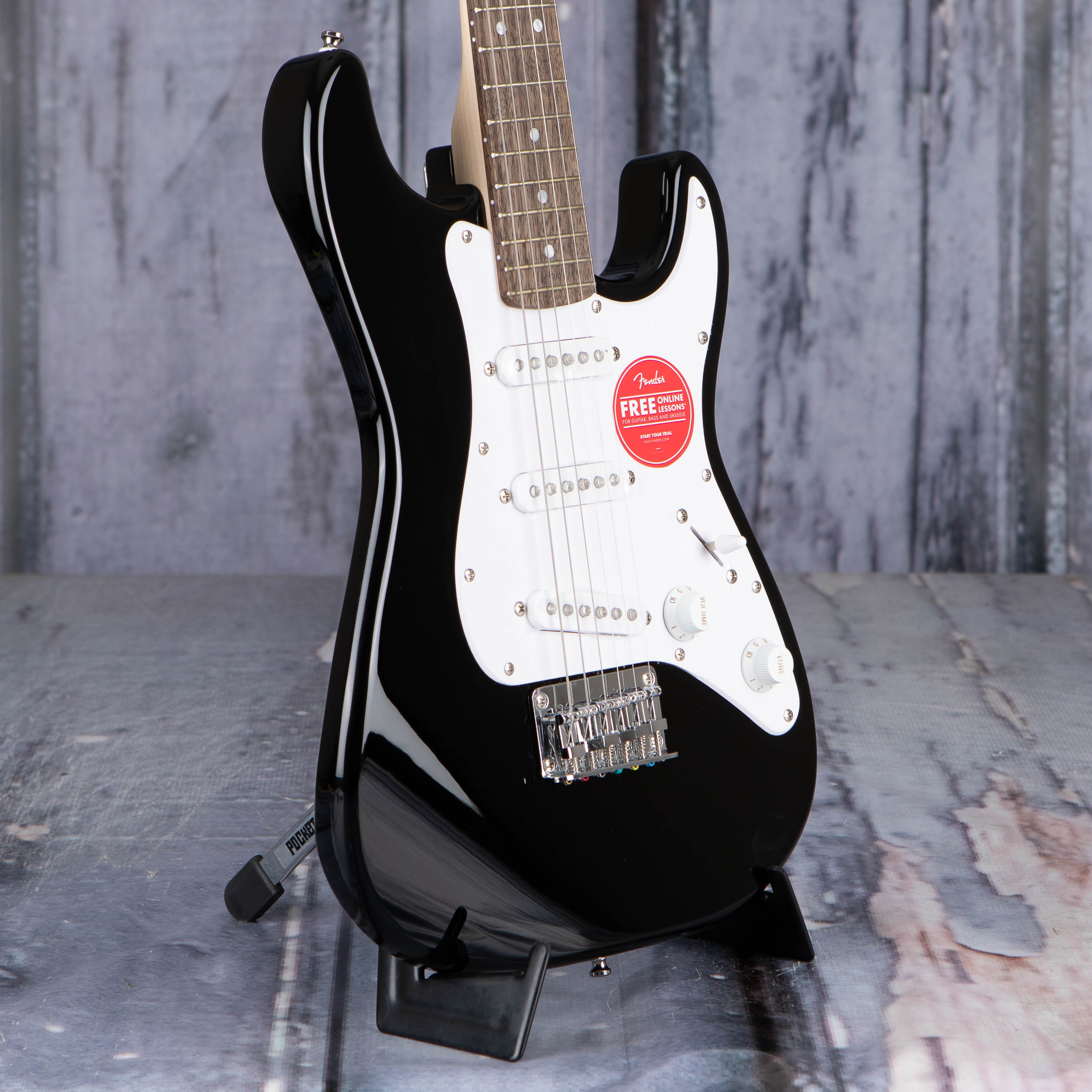 Squier Mini Stratocaster Electric Guitar, Black, angle