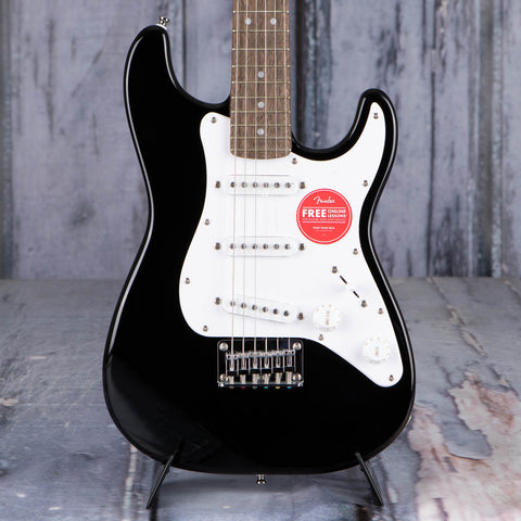 Squier Mini Stratocaster Electric Guitar, Black, front closeup