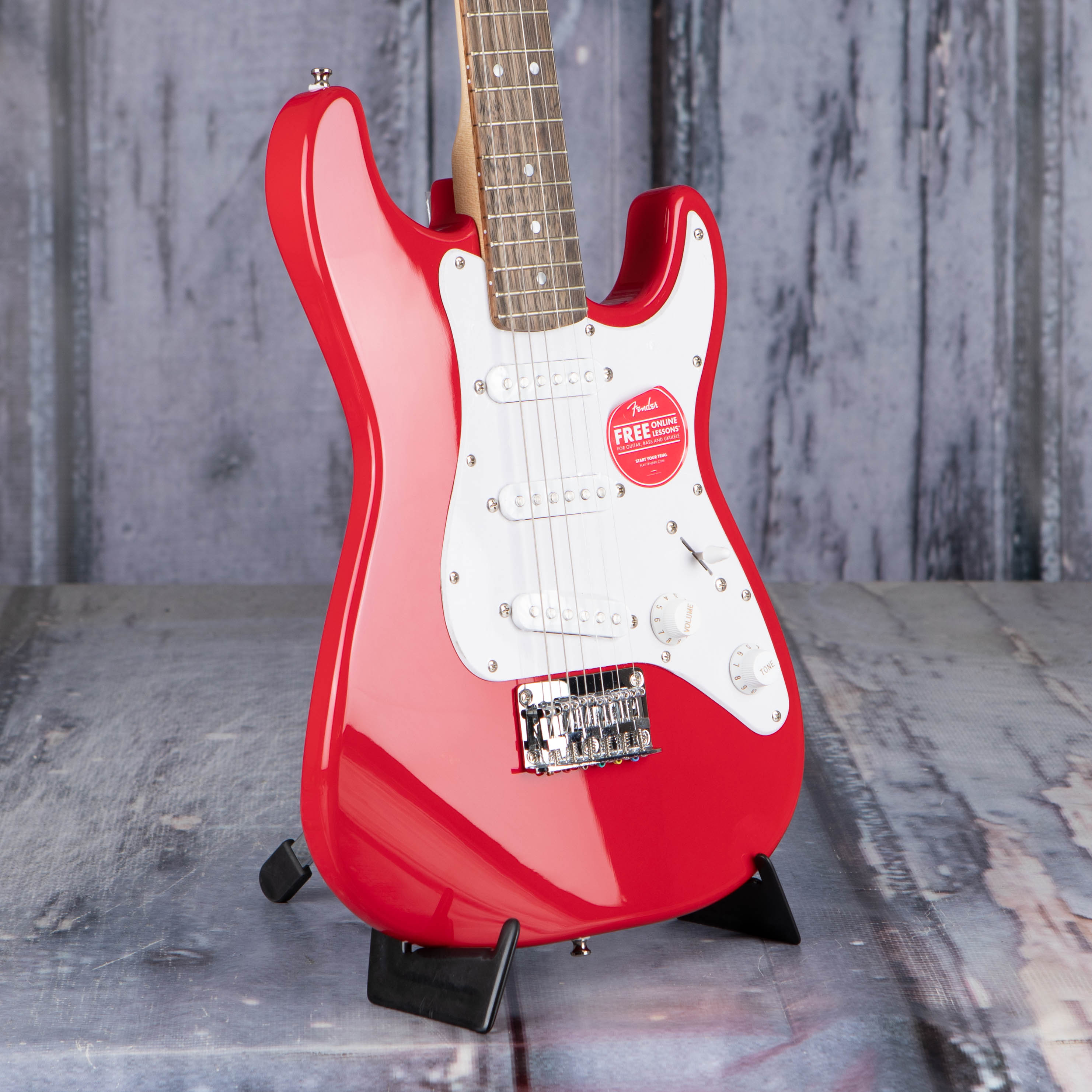 Squier Mini Stratocaster Electric Guitar, Dakota Red, angle