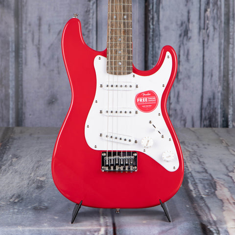 Squier Mini Stratocaster Electric Guitar, Dakota Red, front closeup
