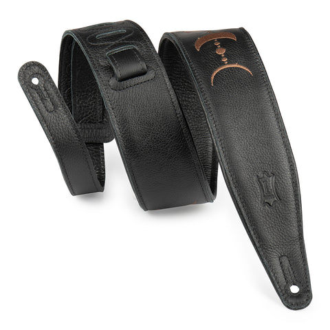 Levy's Moon Phases Series 2.5" Leather Guitar Strap, Black With Brown Embroidery