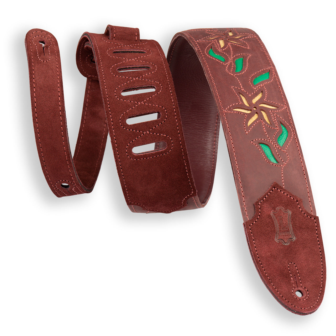 Levy's Leather Flowering Vine Guitar Strap, Burgundy W/ Yellow