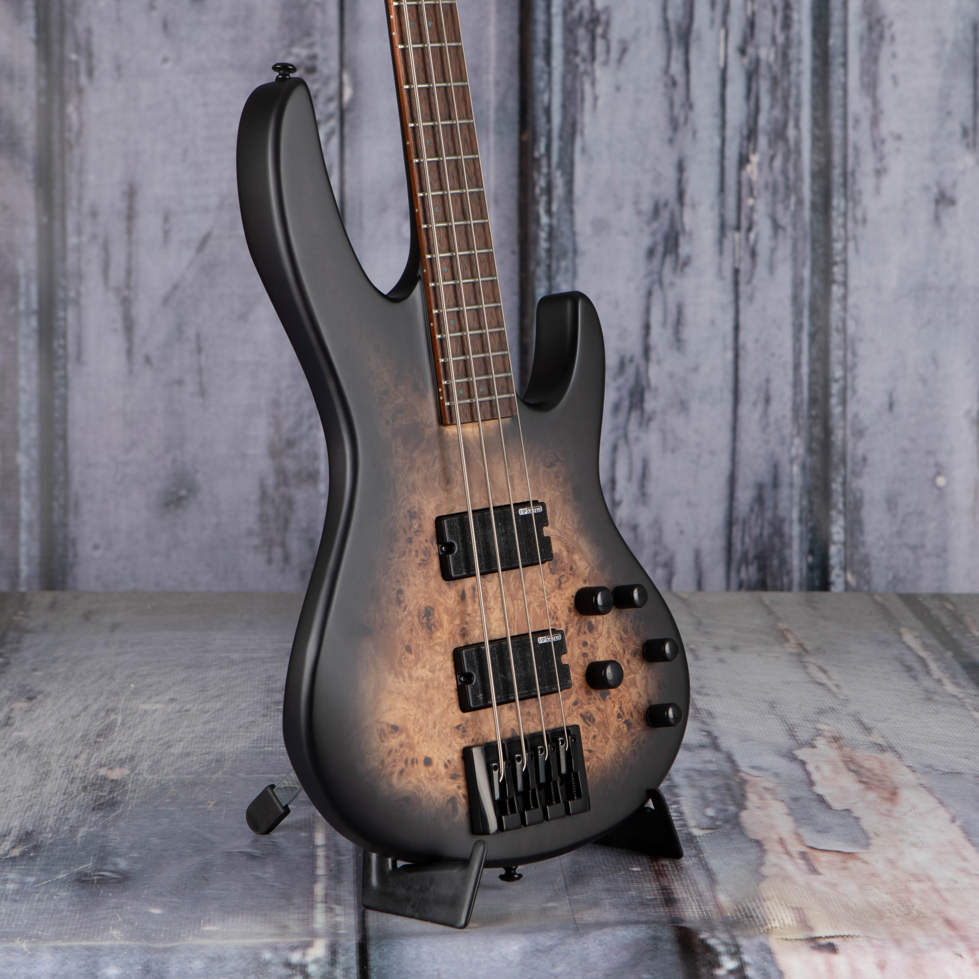 ESP LTD D-4 Electric Bass Guitar, Black Natural Burst Satin, angle