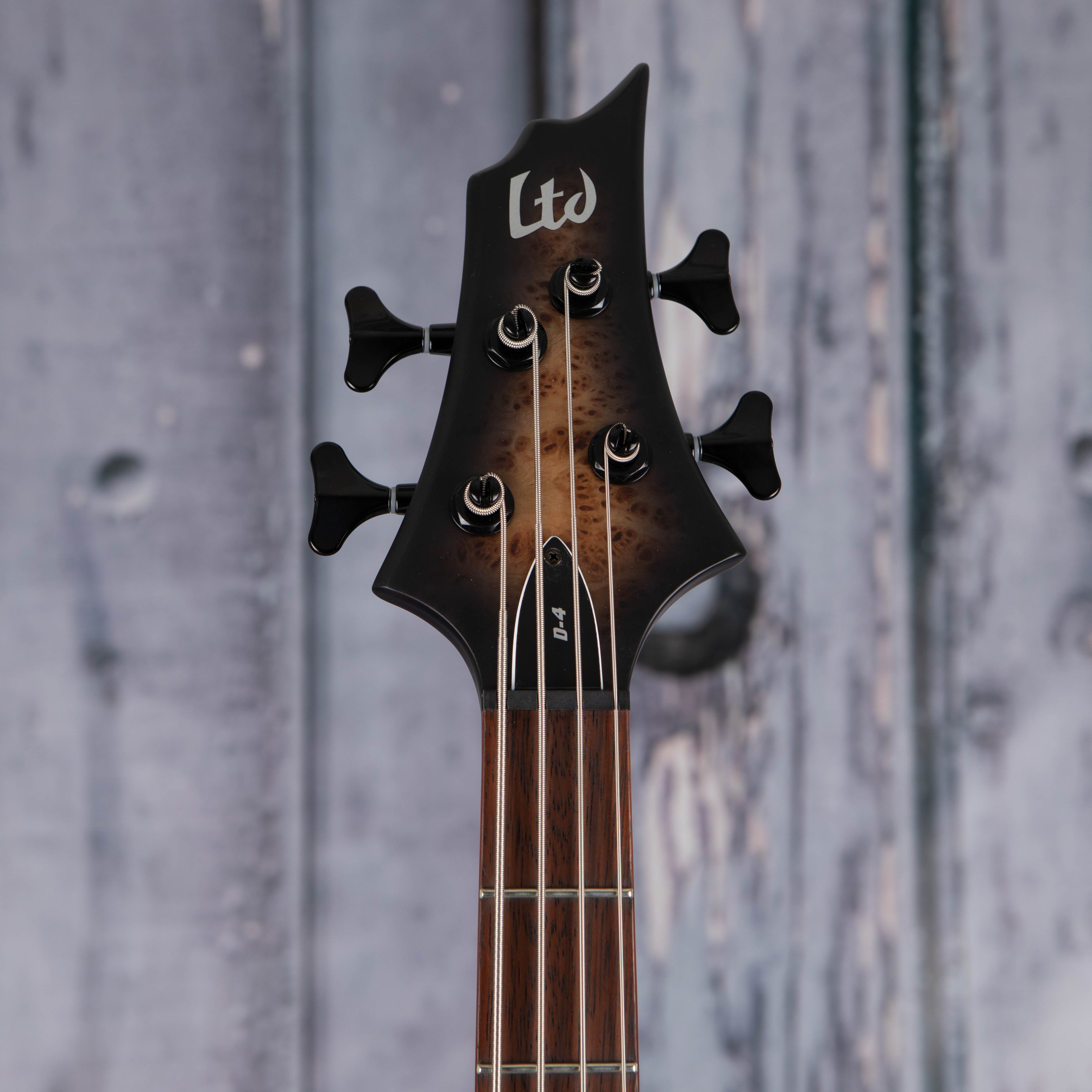 ESP LTD D-4 Electric Bass Guitar, Black Natural Burst Satin, front headstock