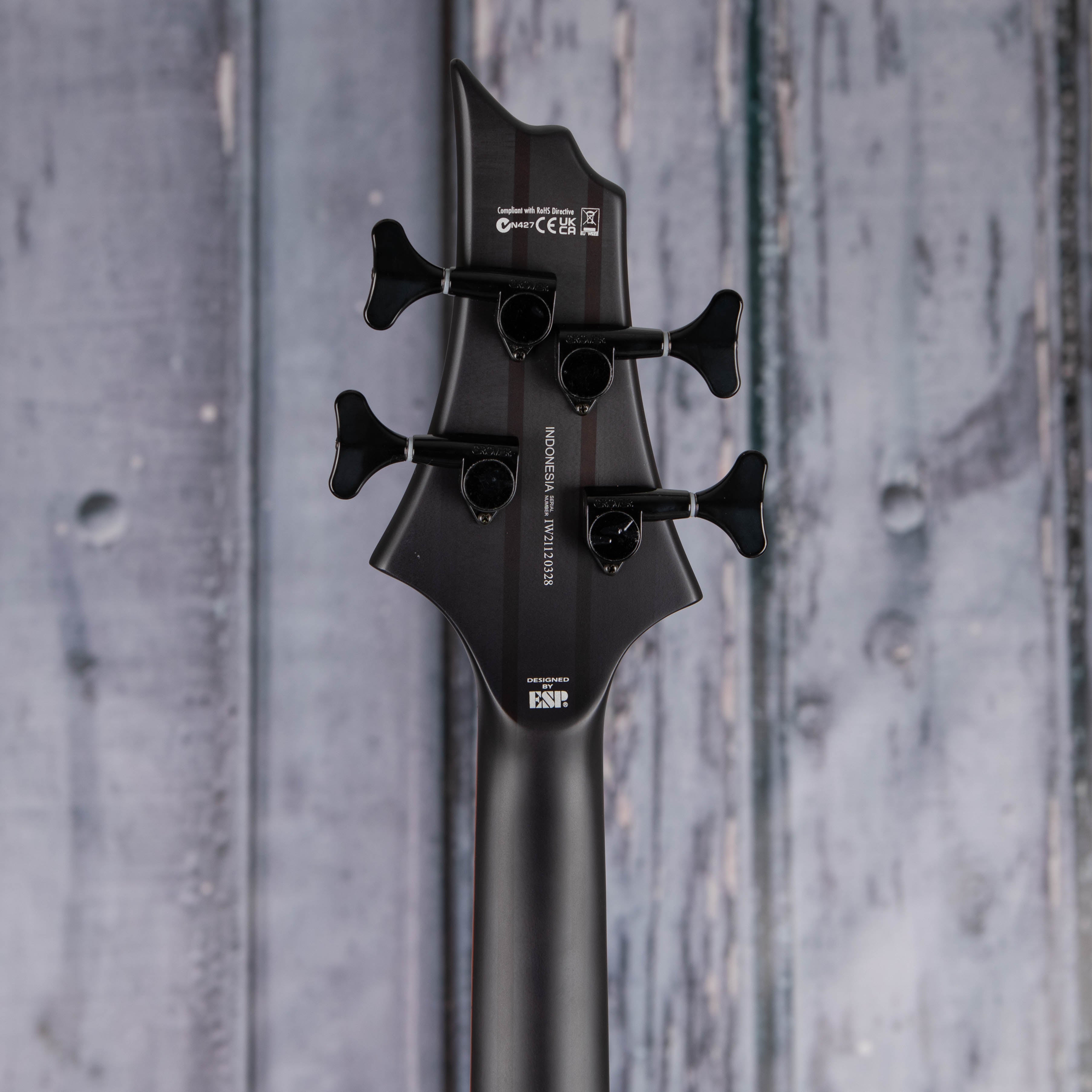 ESP LTD D-4 Electric Bass Guitar, Black Natural Burst Satin, back headstock