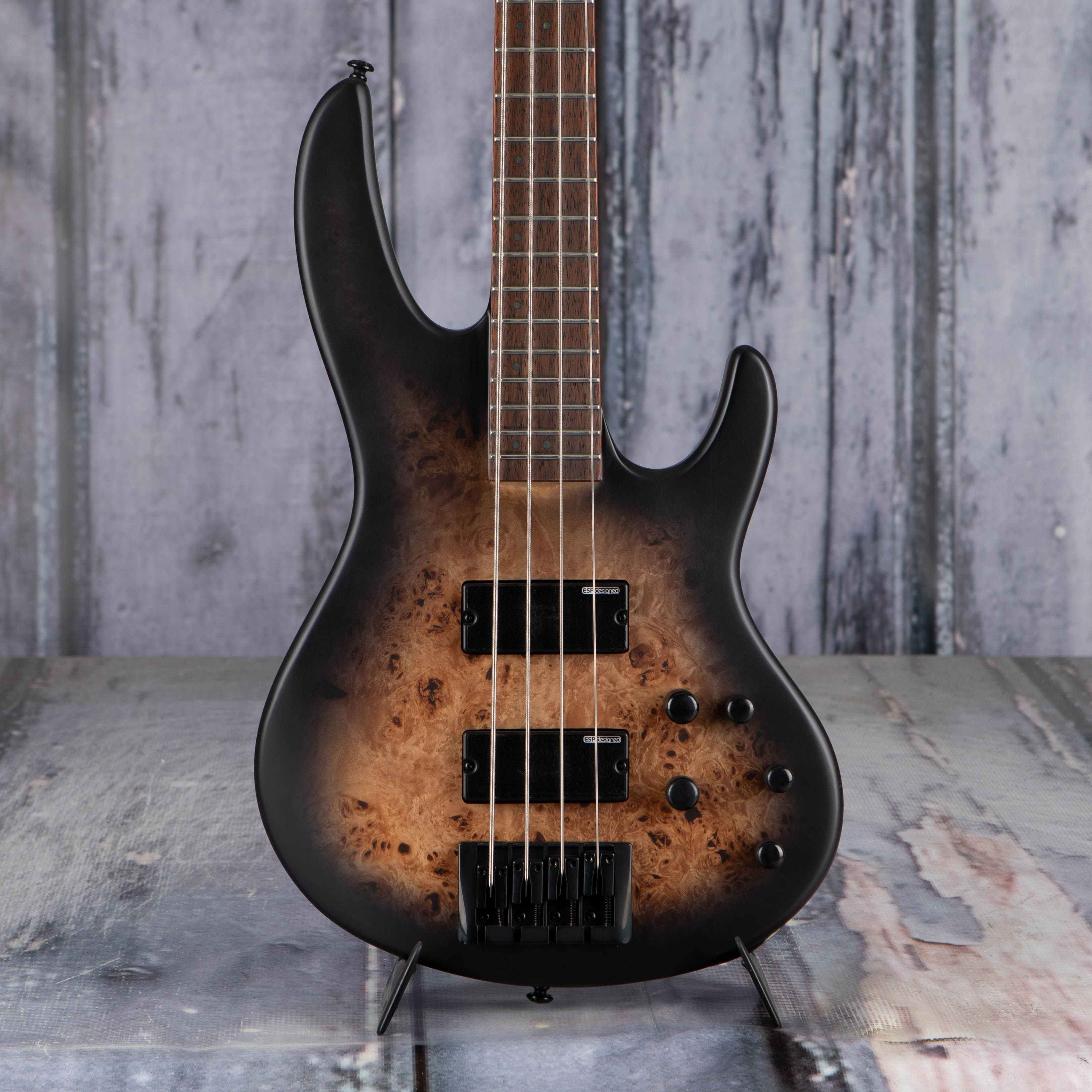 ESP LTD D-4 Electric Bass Guitar, Black Natural Burst Satin, front closeup