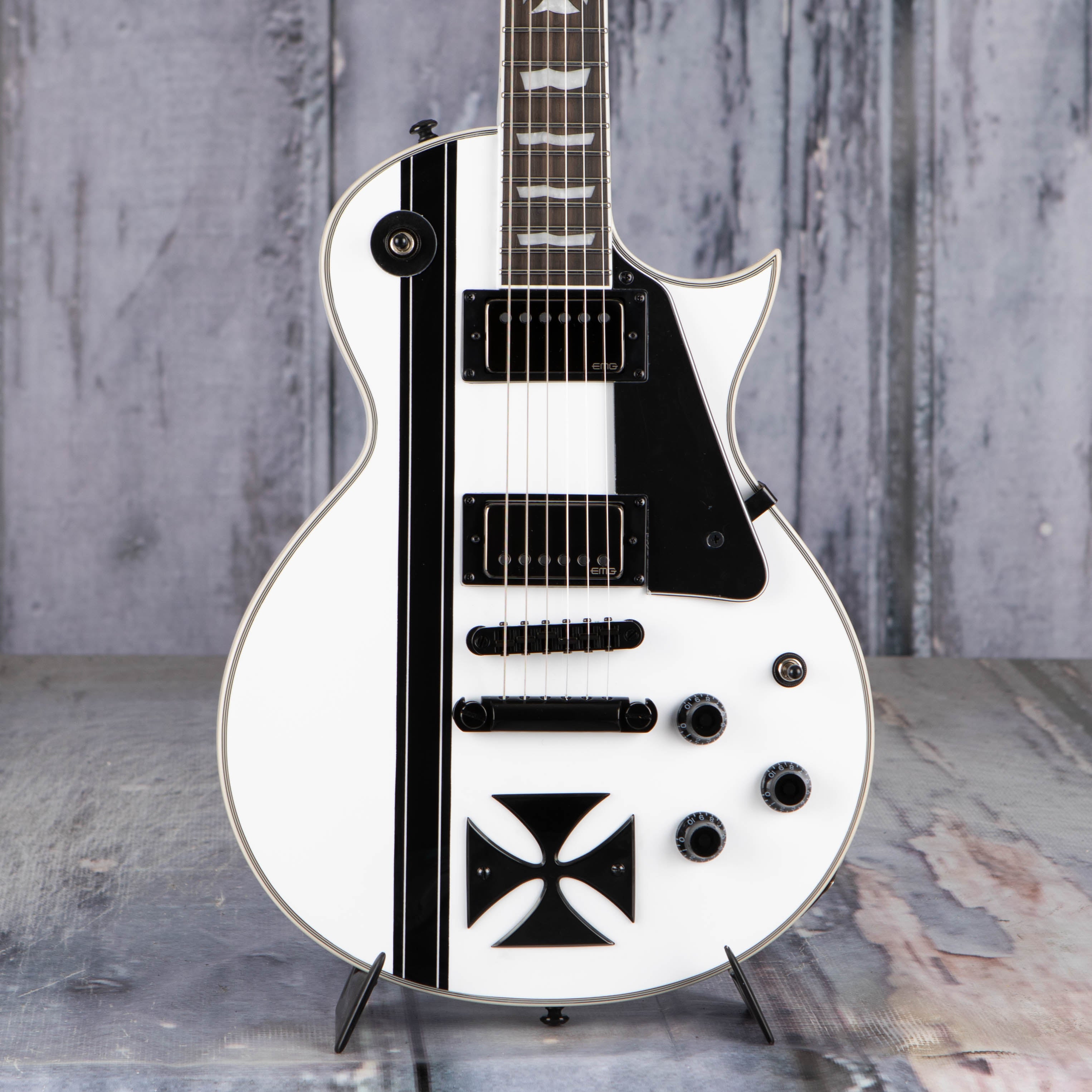 ESP LTD Iron Cross James Hetfield Signature Series Electric Guitar, Snow White, front closeup