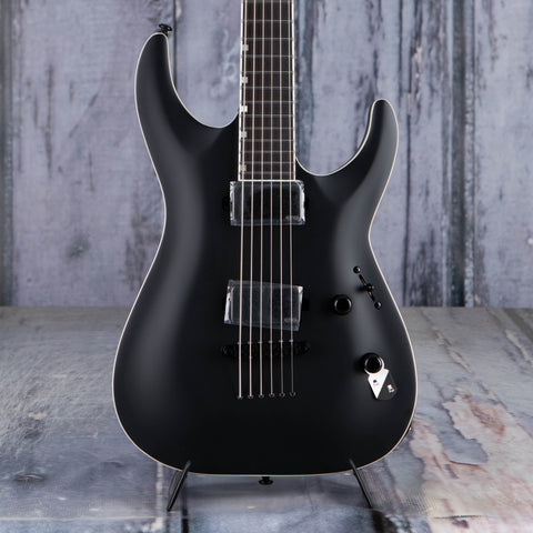 ESP LTD MH-1000 Baritone Electric Guitar, Black Satin, front closeup