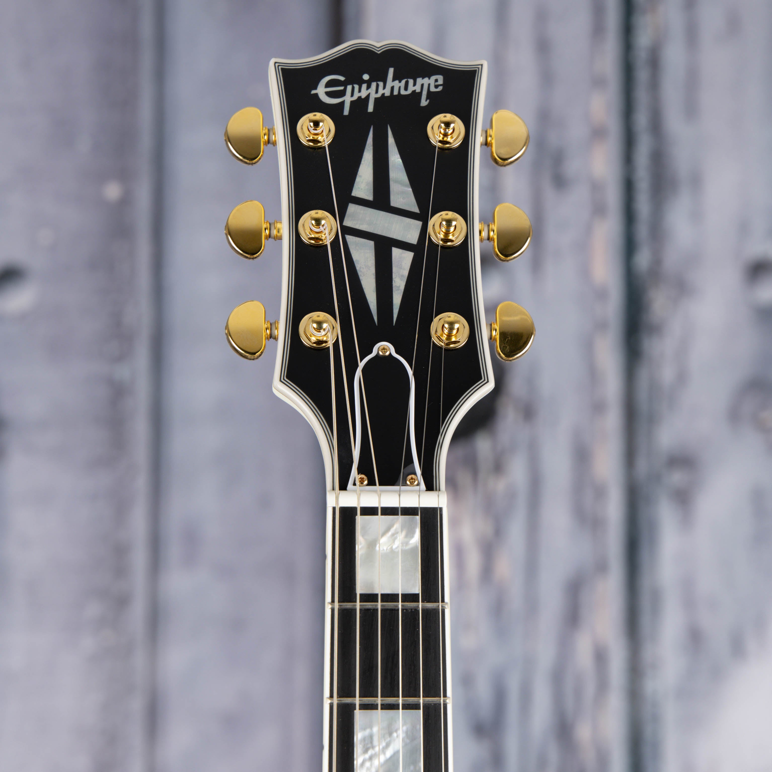 Epiphone 1959 ES-335 Semi-Hollowbody Guitar, Classic White, front headstock