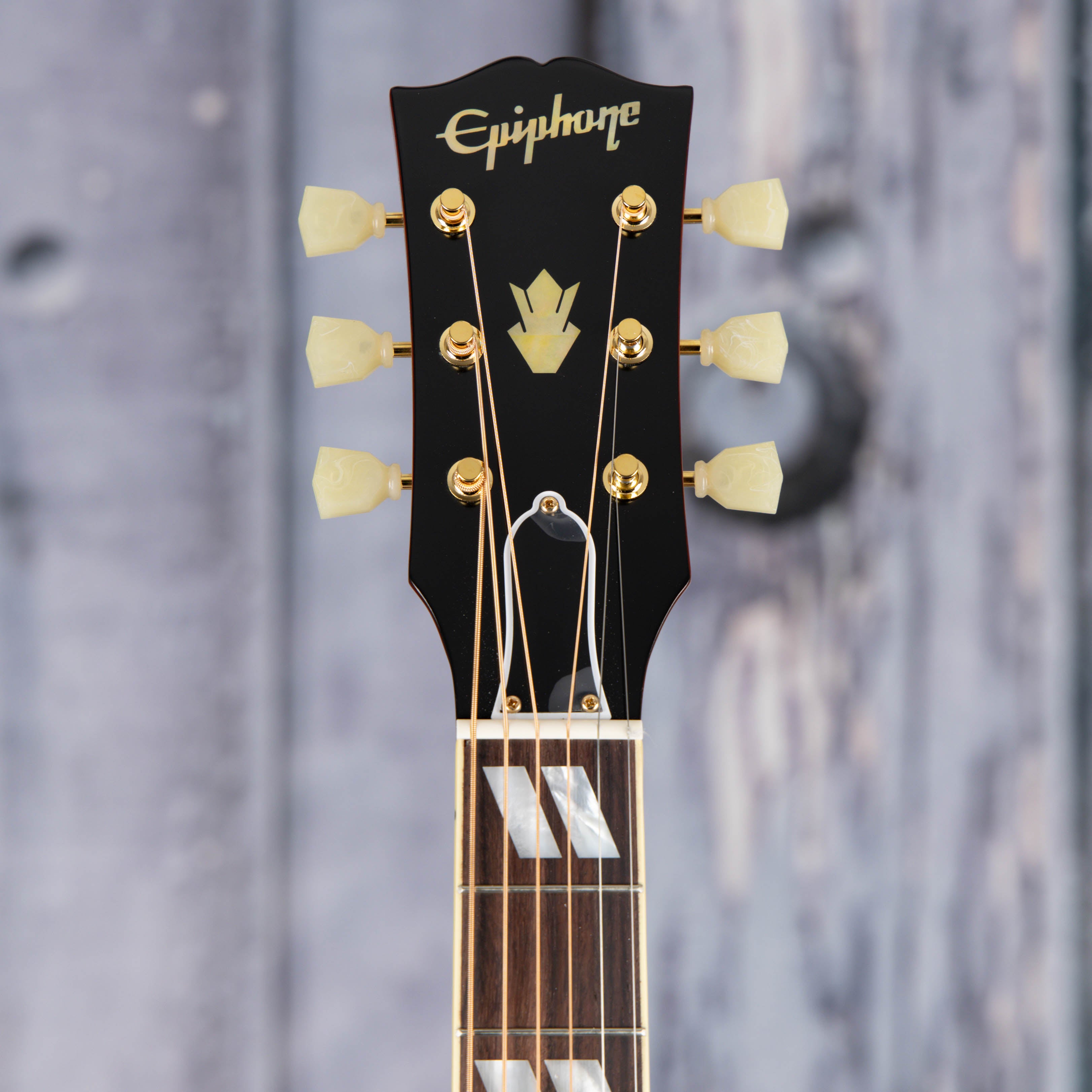 Epiphone 1960 Hummingbird Reissue Acoustic/Electric Guitar, Heritage Cherry Sunburst, front headstock