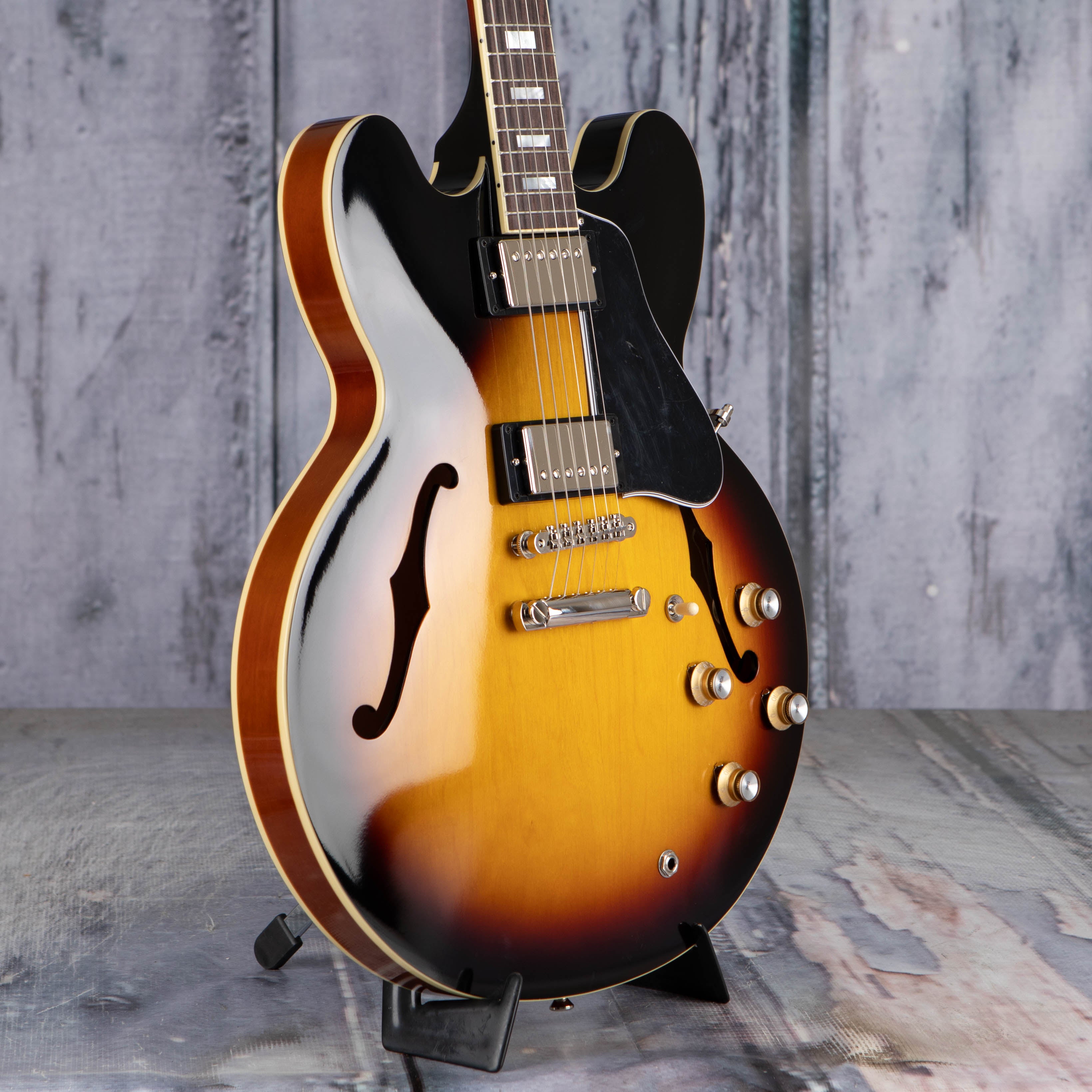 Epiphone 1962 ES-335 Reissue Semi-Hollowbody Guitar, Vintage Burst, angle