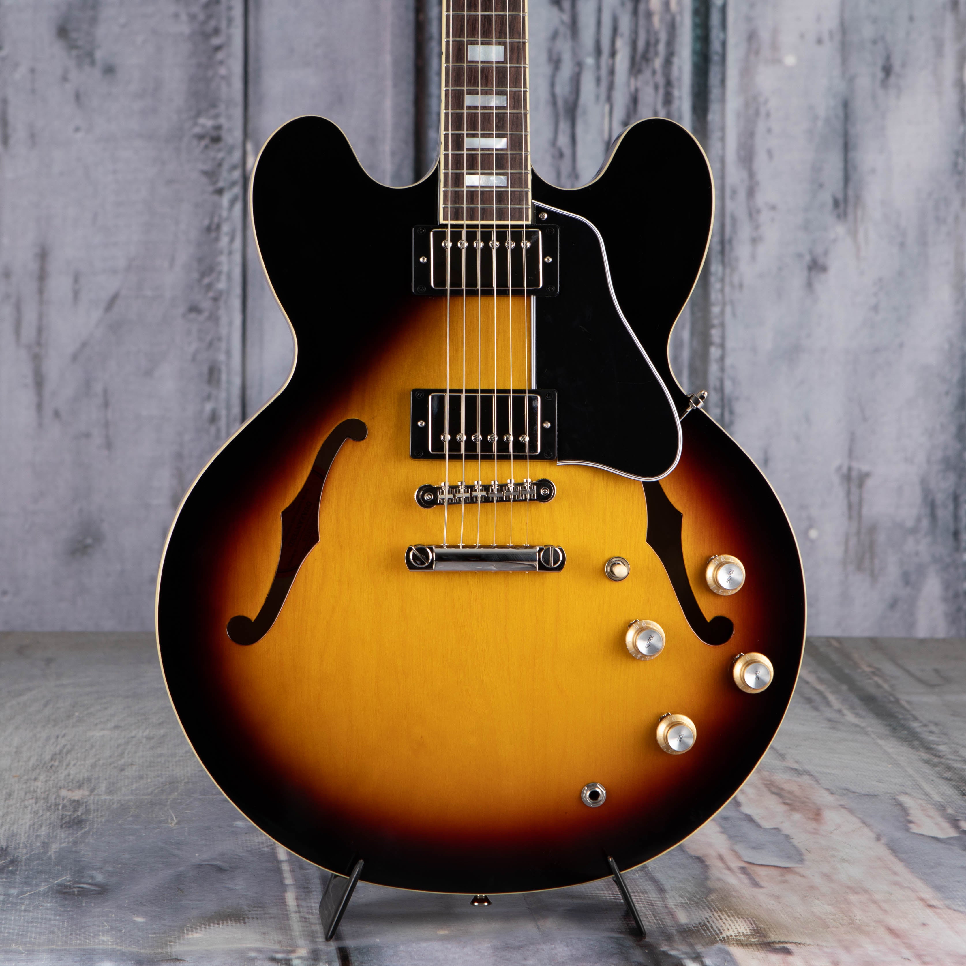 Epiphone 1962 ES-335 Reissue Semi-Hollowbody Guitar, Vintage Burst, front closeup