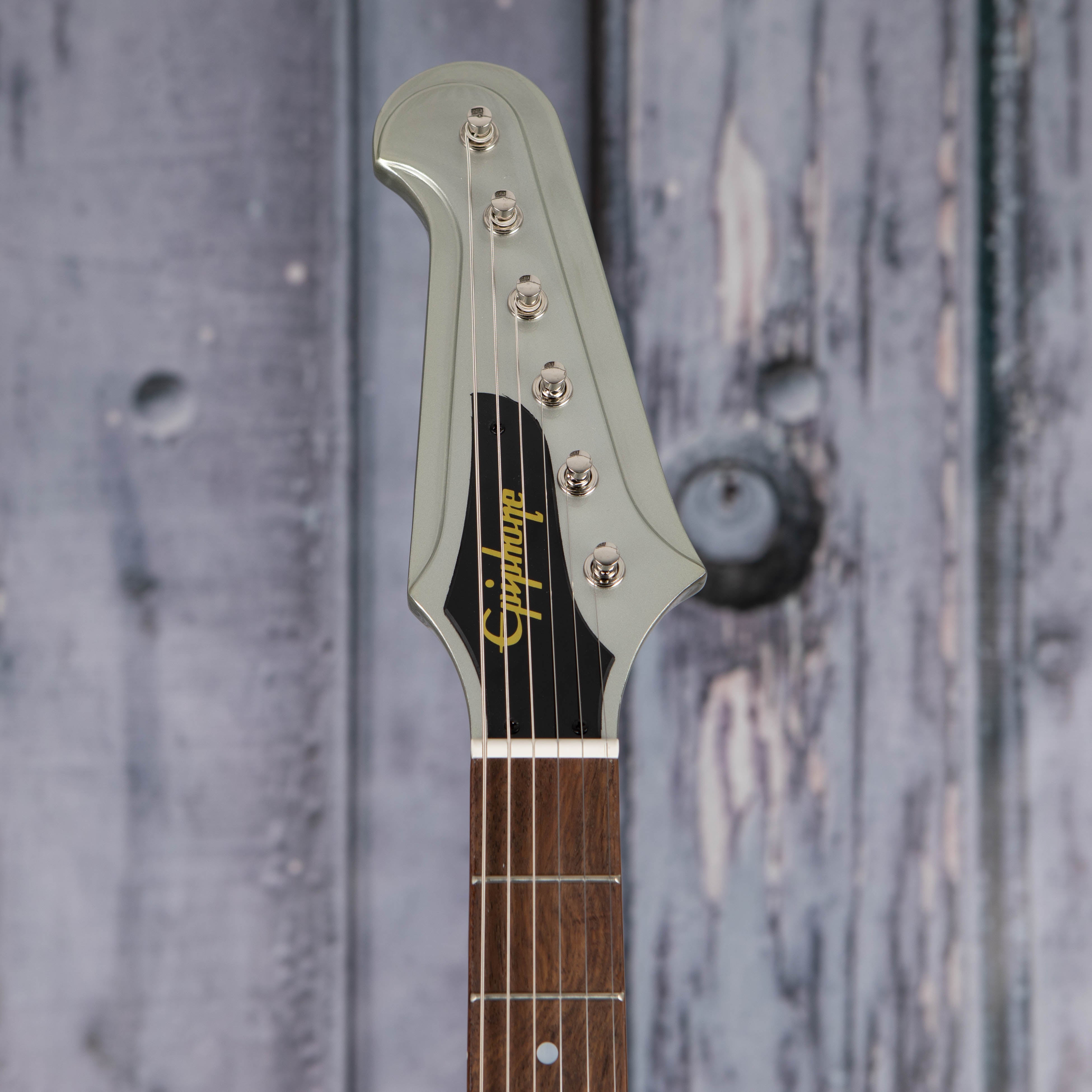 Epiphone 1963 Firebird I Electric Guitar, Silver Mist, front headstock