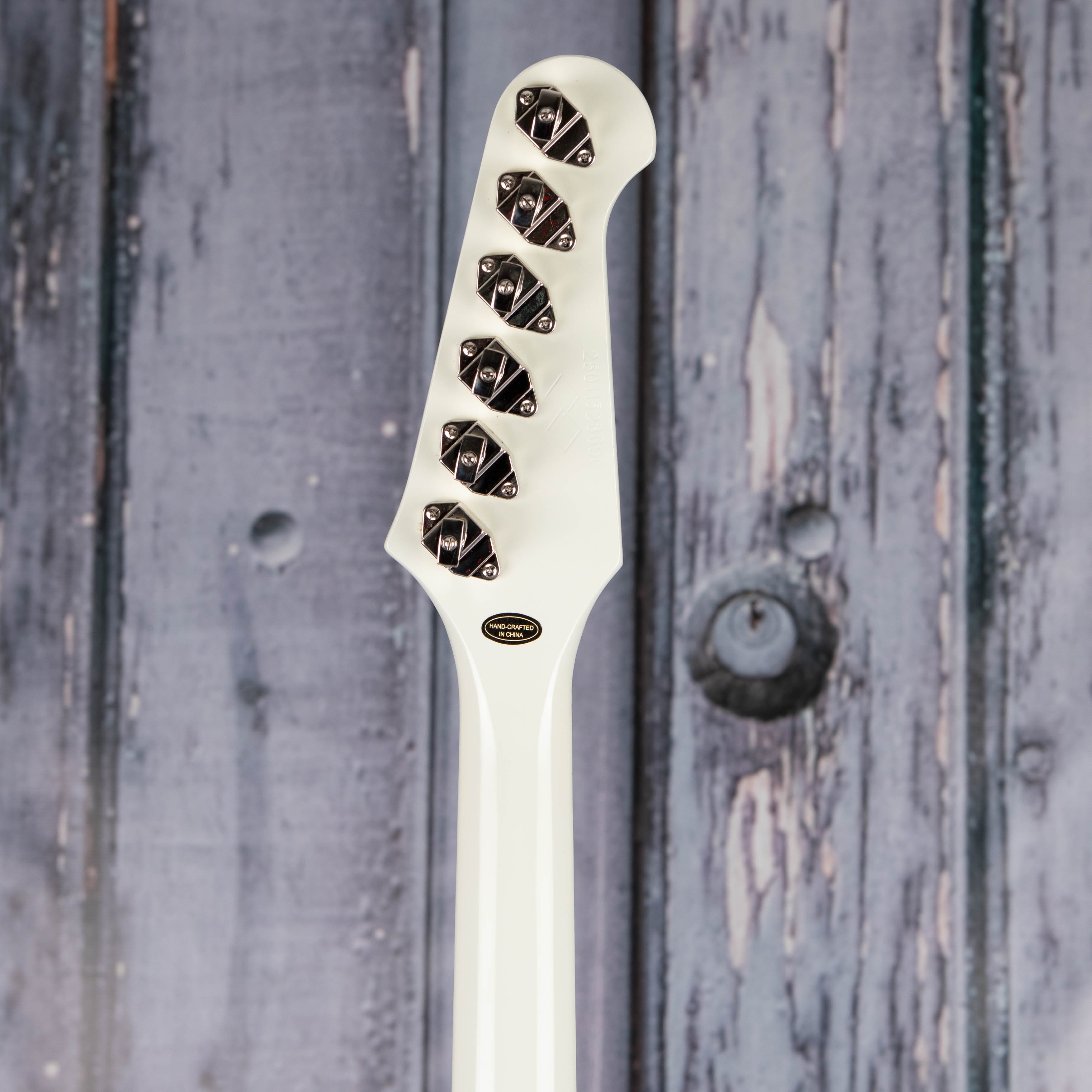 Epiphone 1963 Firebird V Reissue W/ Maestro Vibrola Electric Guitar, Polaris White, back headstock