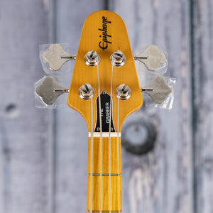 Epiphone Grabber Electric Bass Guitar, Ebony, front headstock
