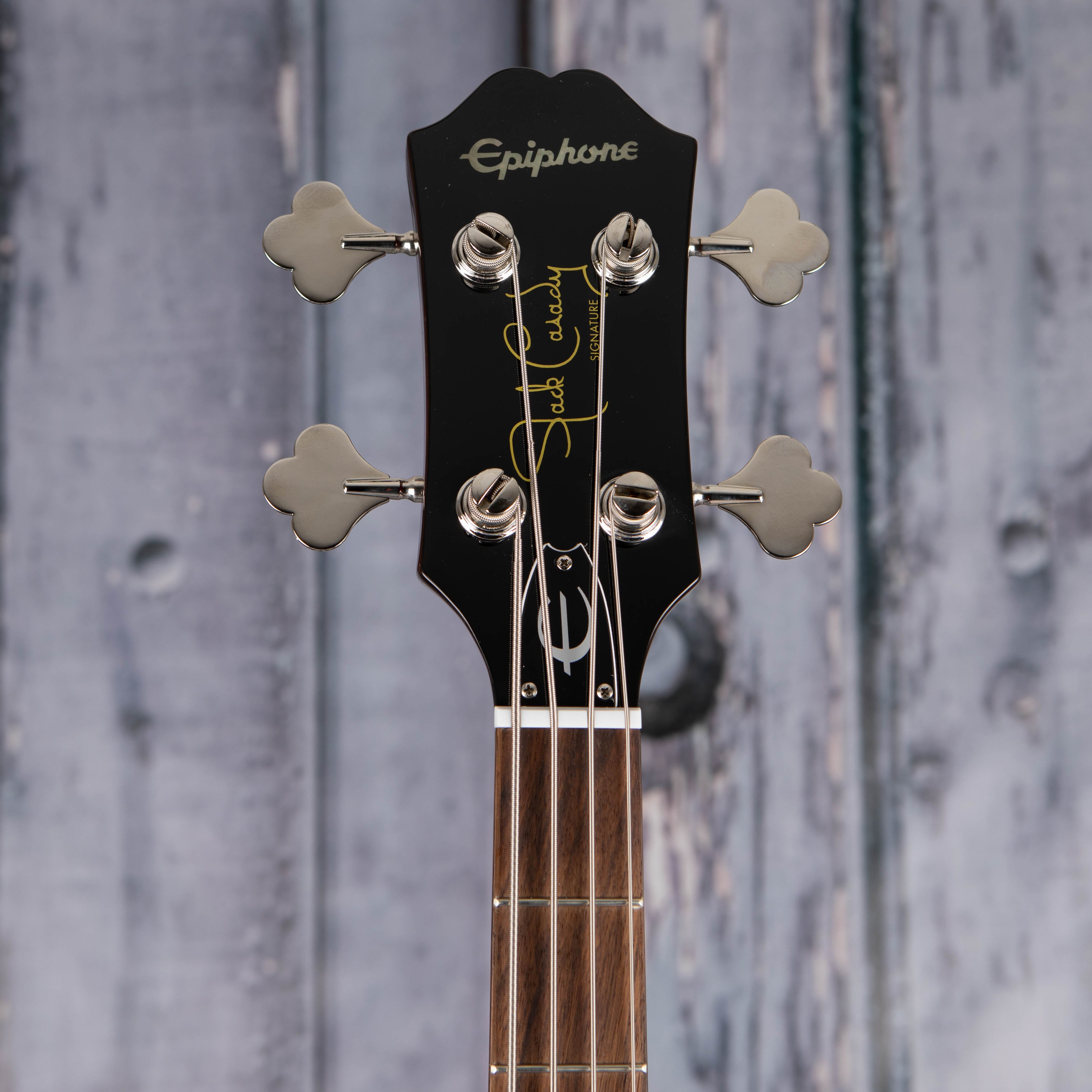 Epiphone Jack Casady Semi-Hollowbody Bass Guitar, Sparkling Burgundy, front headstock