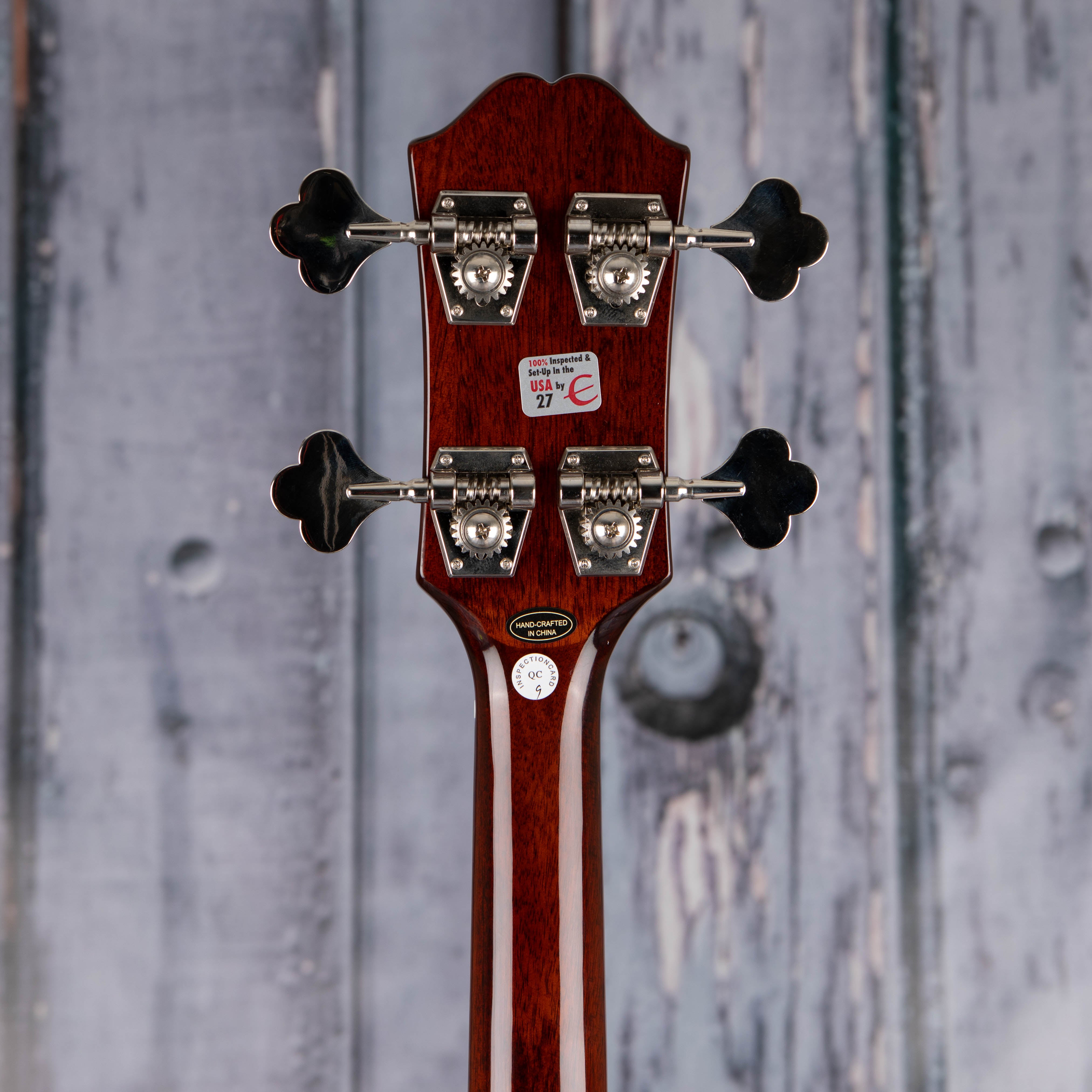 Epiphone Jack Casady Semi-Hollowbody Bass Guitar, Sparkling Burgundy, back headstock