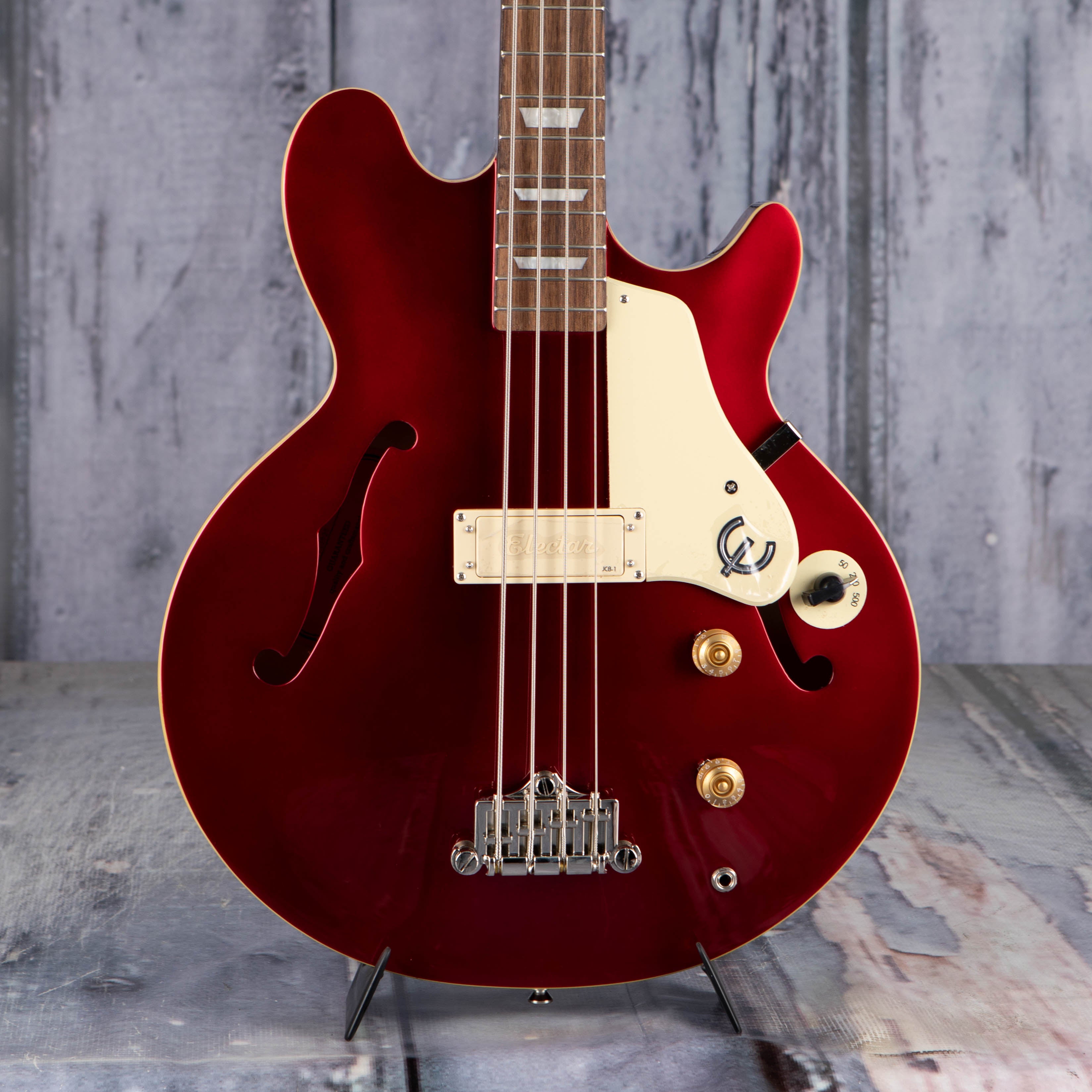 Epiphone Jack Casady Semi-Hollowbody Bass Guitar, Sparkling Burgundy, front closeup