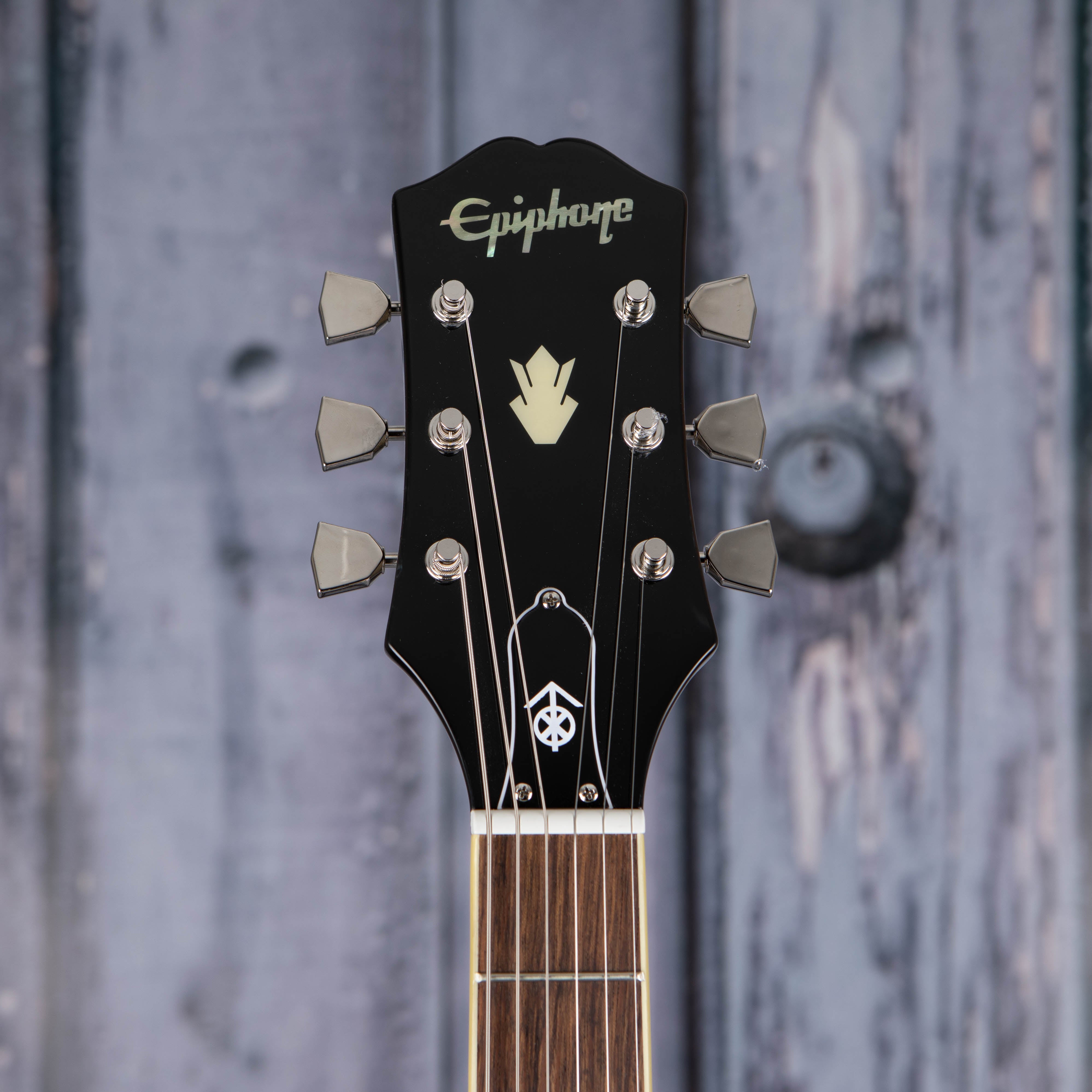 Epiphone Jim James ES-335 Semi-Hollowbody Guitar, Seventies Walnut, front headstock