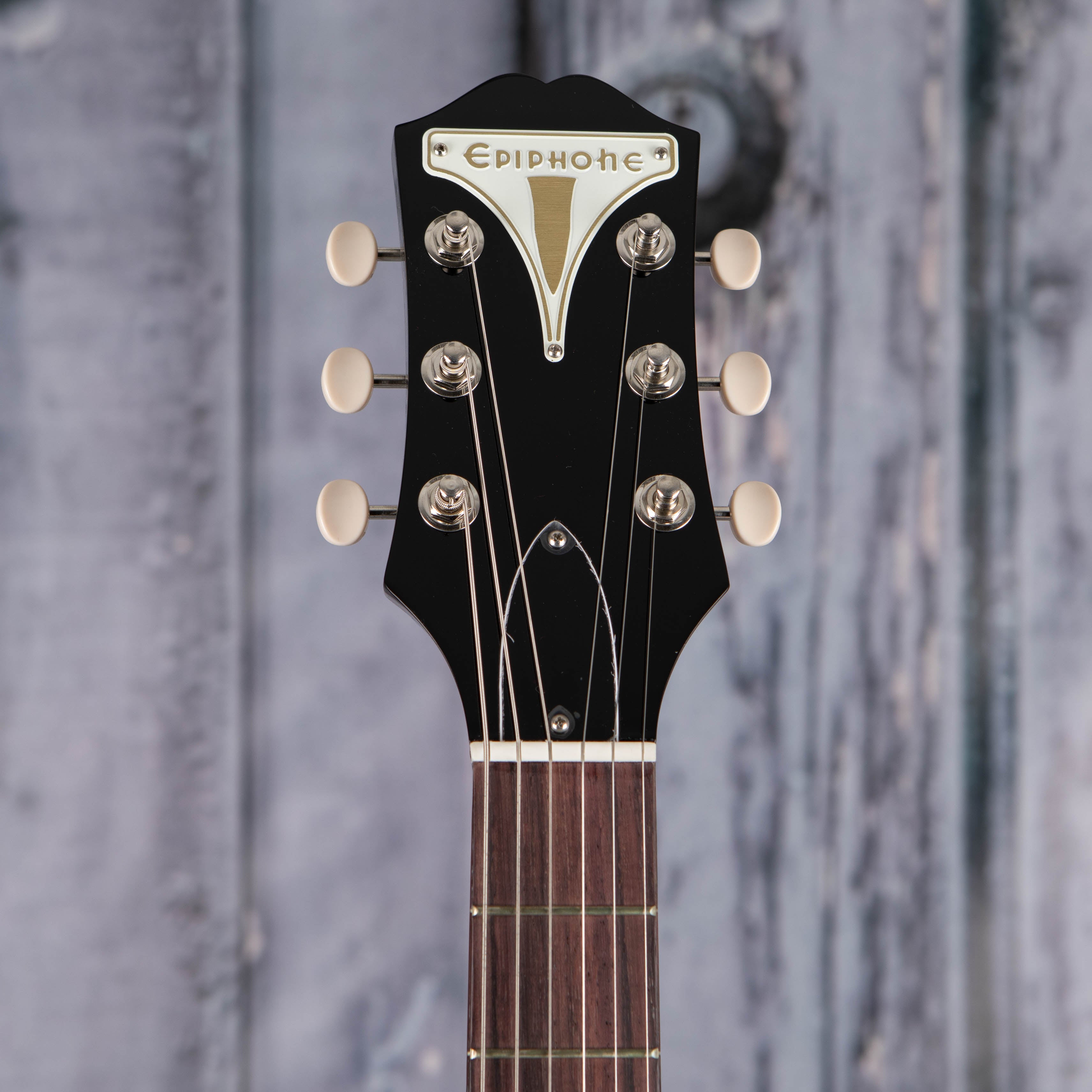 Epiphone USA Coronet Electric Guitar, Ebony, front headstock