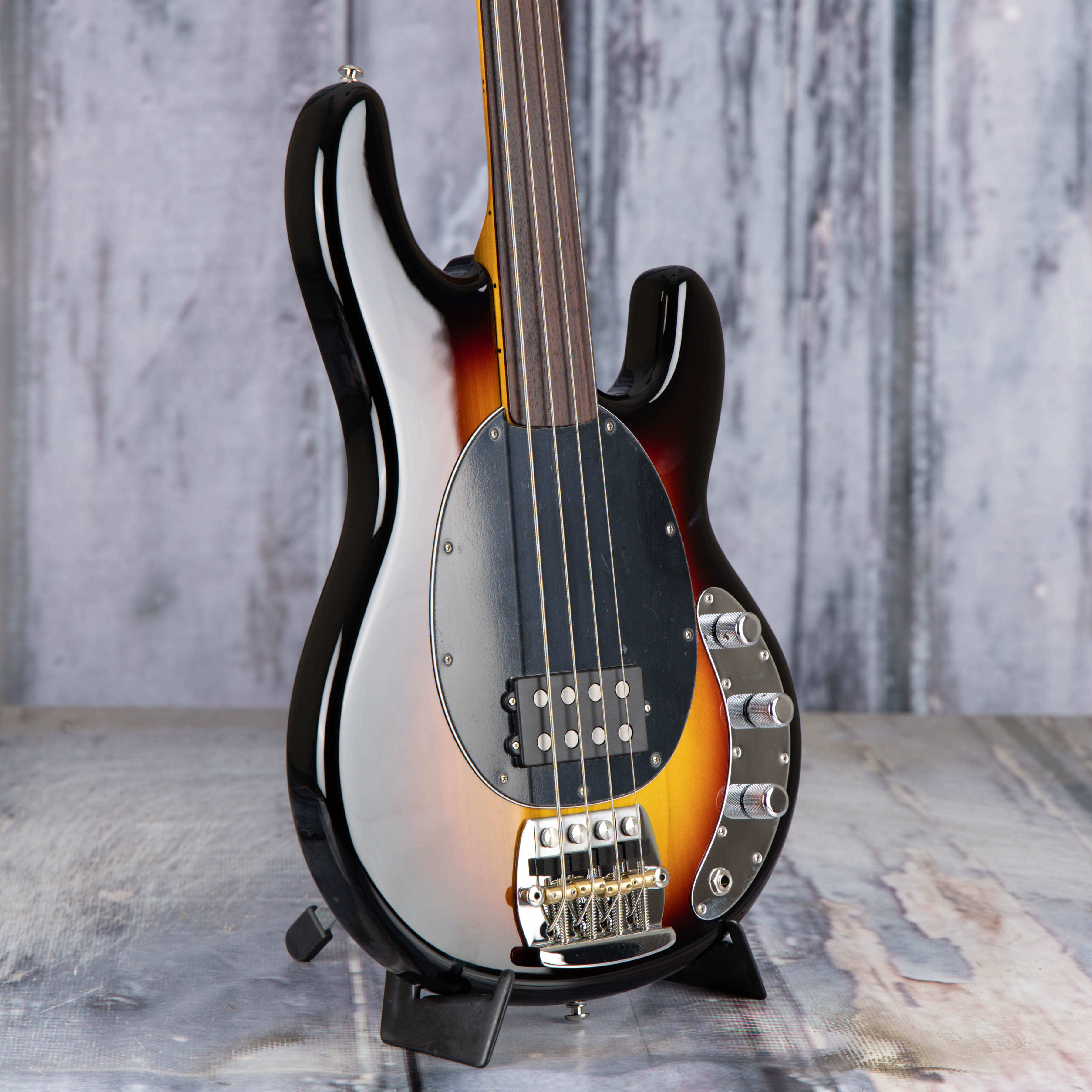 Ernie Ball Music Man Pino Palladino Fretless StingRay Electric Bass Guitar, 79 Burst, angle