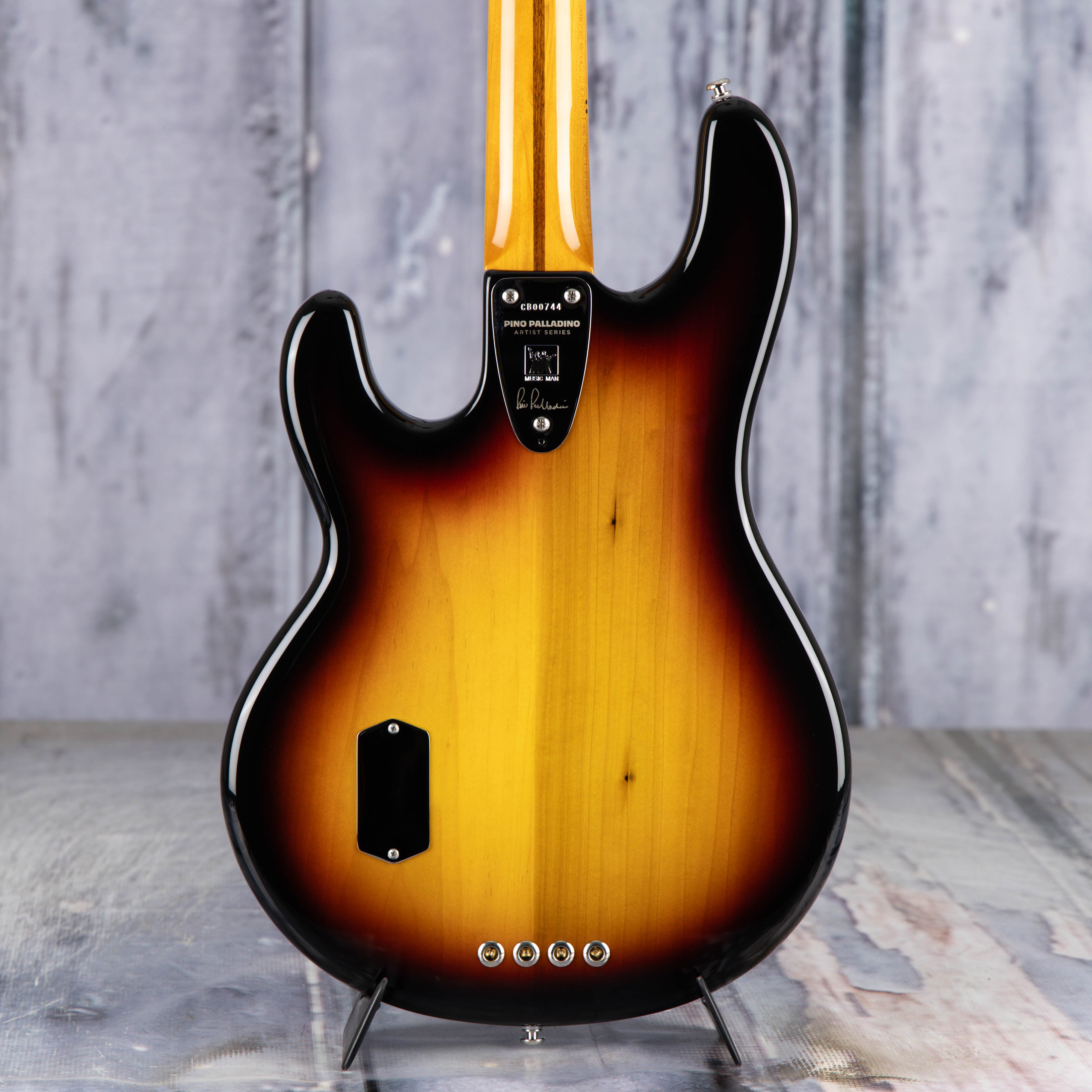 Ernie Ball Music Man Pino Palladino Fretless StingRay Electric Bass Guitar, 79 Burst, back closeup