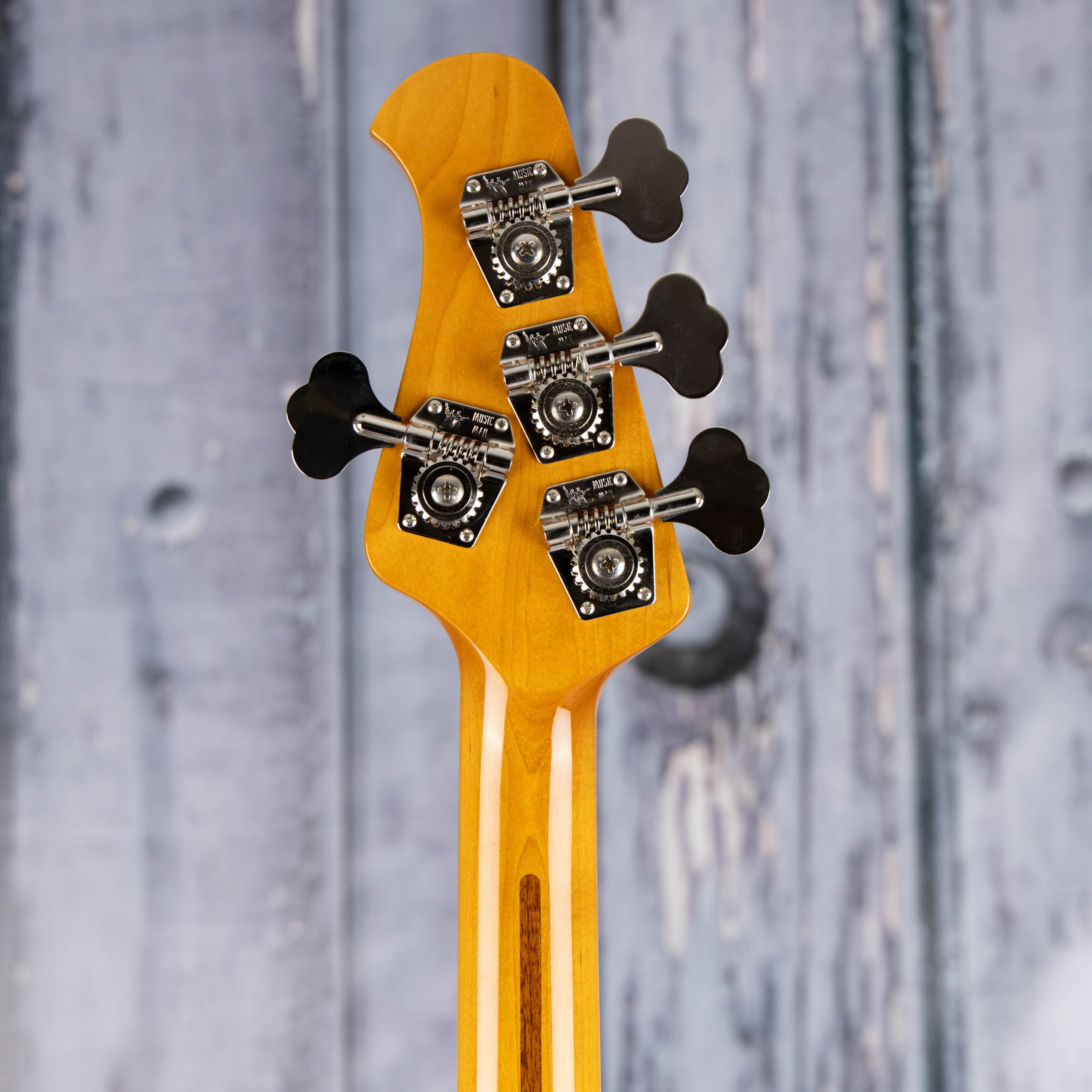Ernie Ball Music Man Pino Palladino Fretless StingRay Electric Bass Guitar, 79 Burst, back headstock