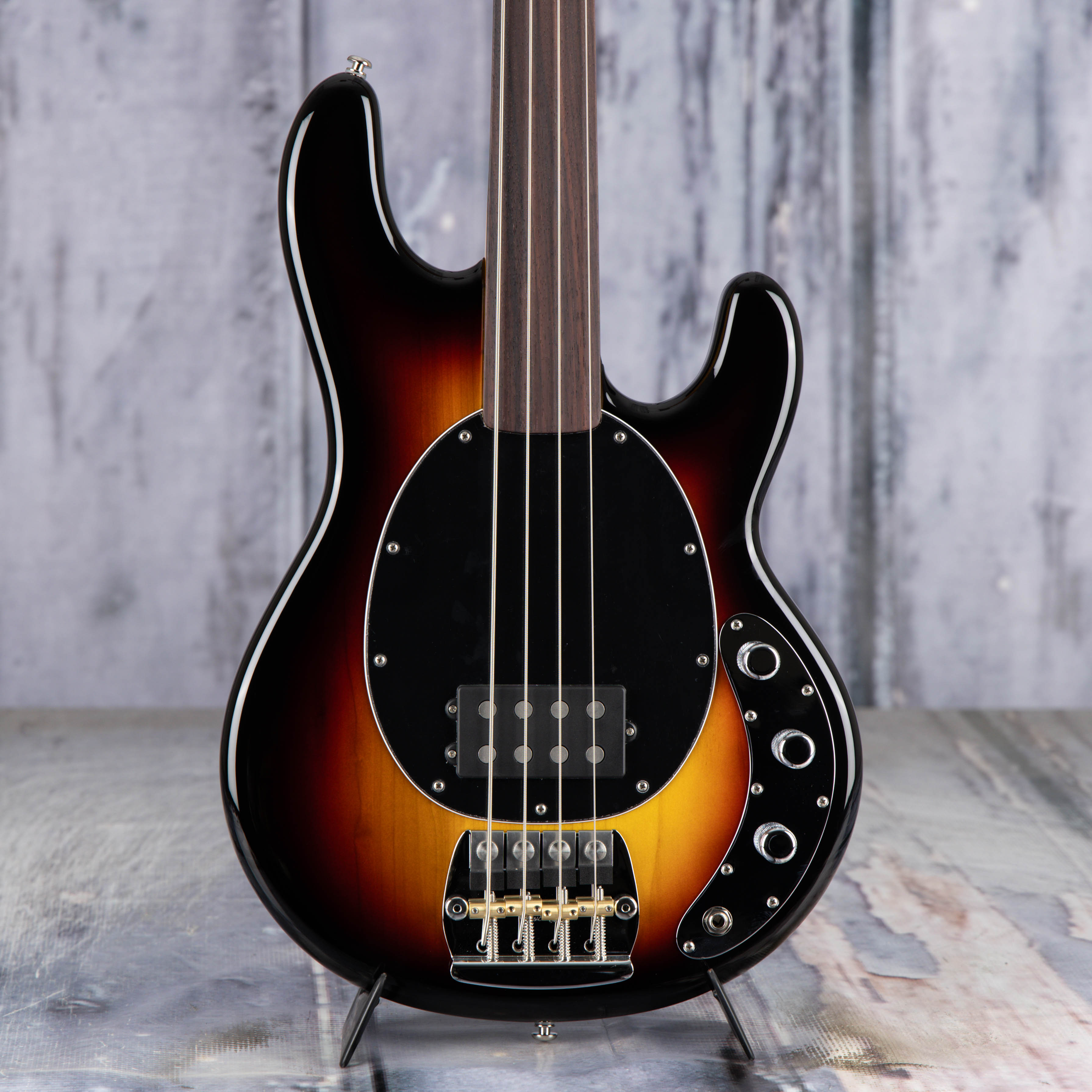 Ernie Ball Music Man Pino Palladino Fretless StingRay Electric Bass Guitar, 79 Burst, front closeup