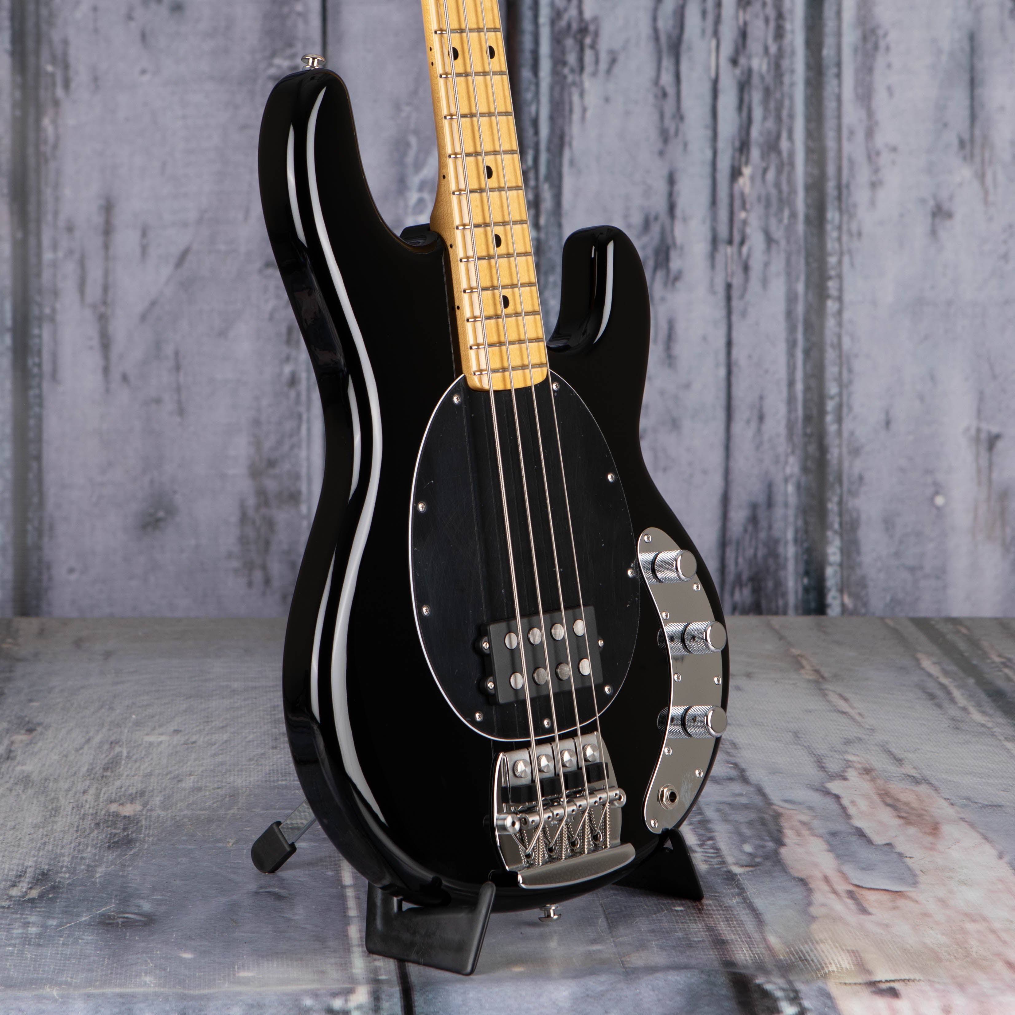 Ernie Ball Music Man Retro '70s StingRay Electric Bass Guitar, Black, angle