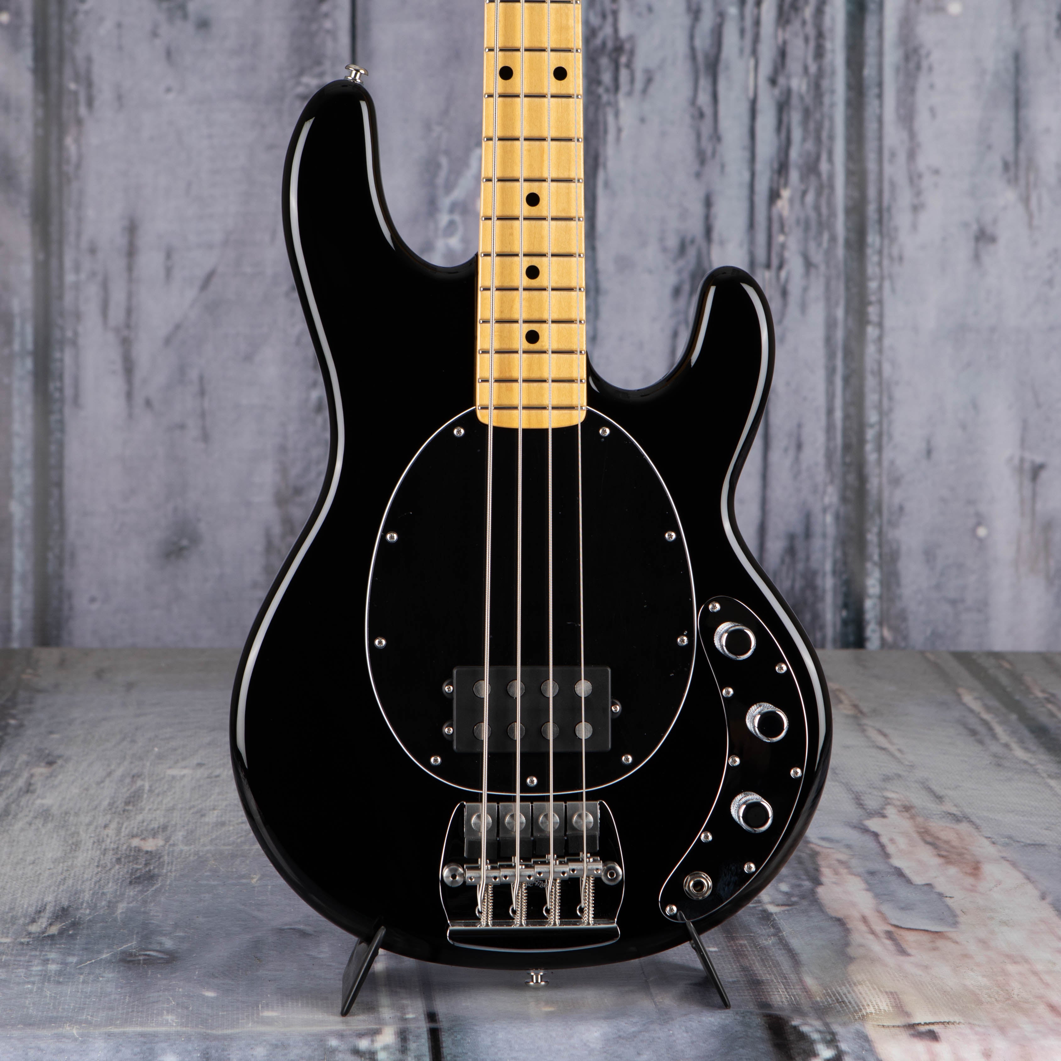 Ernie Ball Music Man Retro '70s StingRay Electric Bass Guitar, Black, front closeup