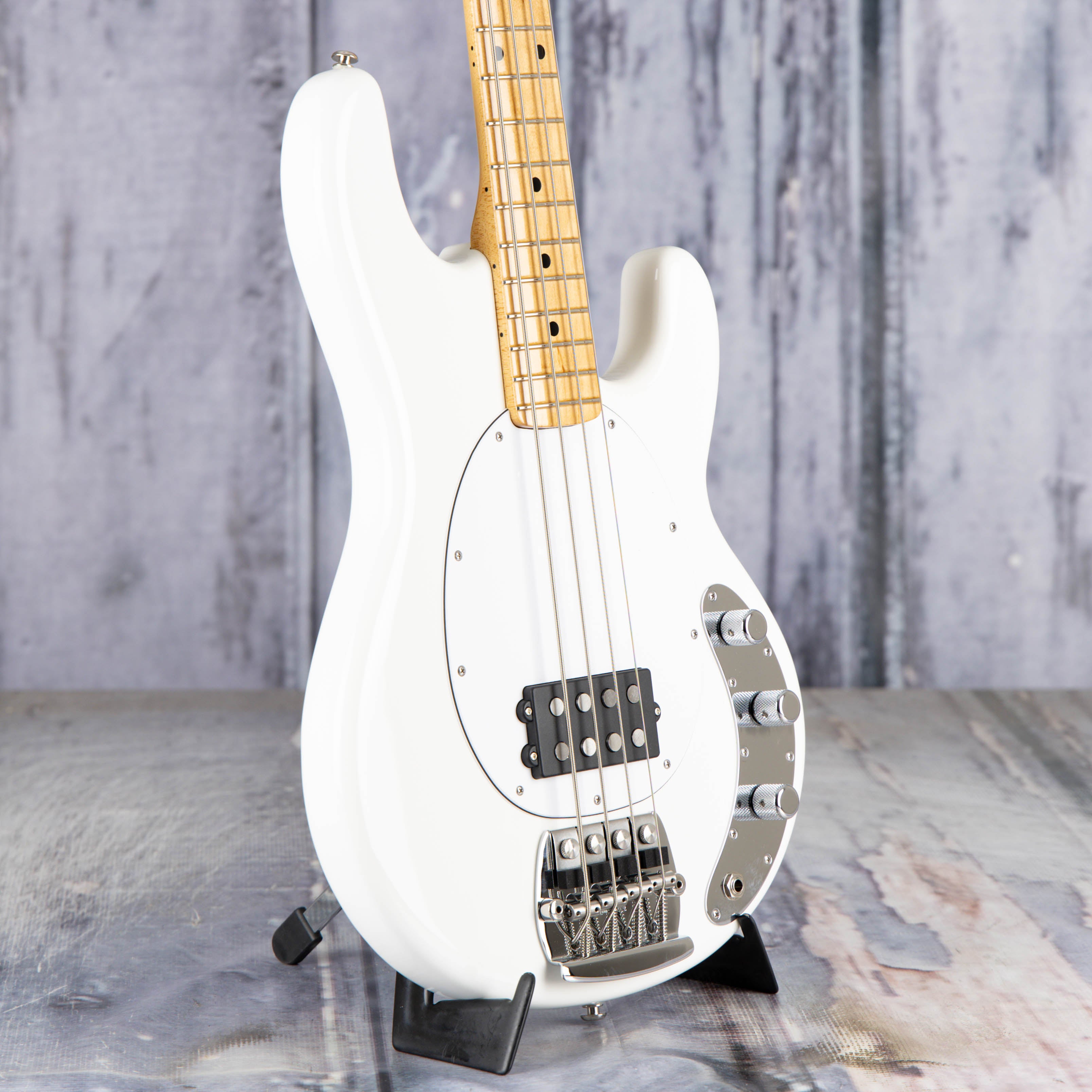 Ernie Ball Music Man Retro '70s StingRay Electric Bass Guitar, White, angle