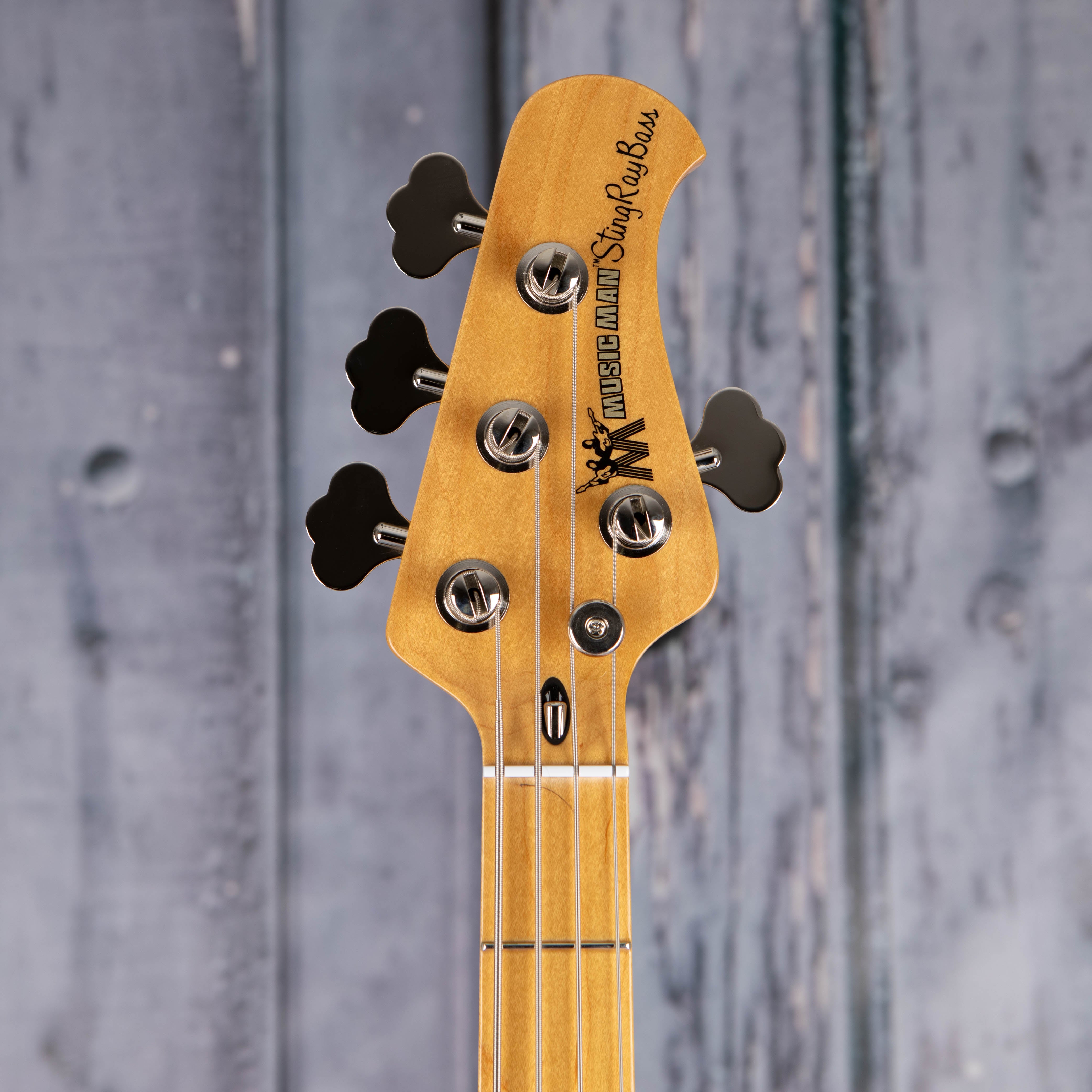 Ernie Ball Music Man Retro '70s StingRay Electric Bass Guitar, White, front headstock