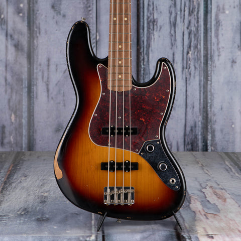 Fender 60th Anniversary Road Worn Jazz Bass Guitar, 3-Color Sunburst, front closeup