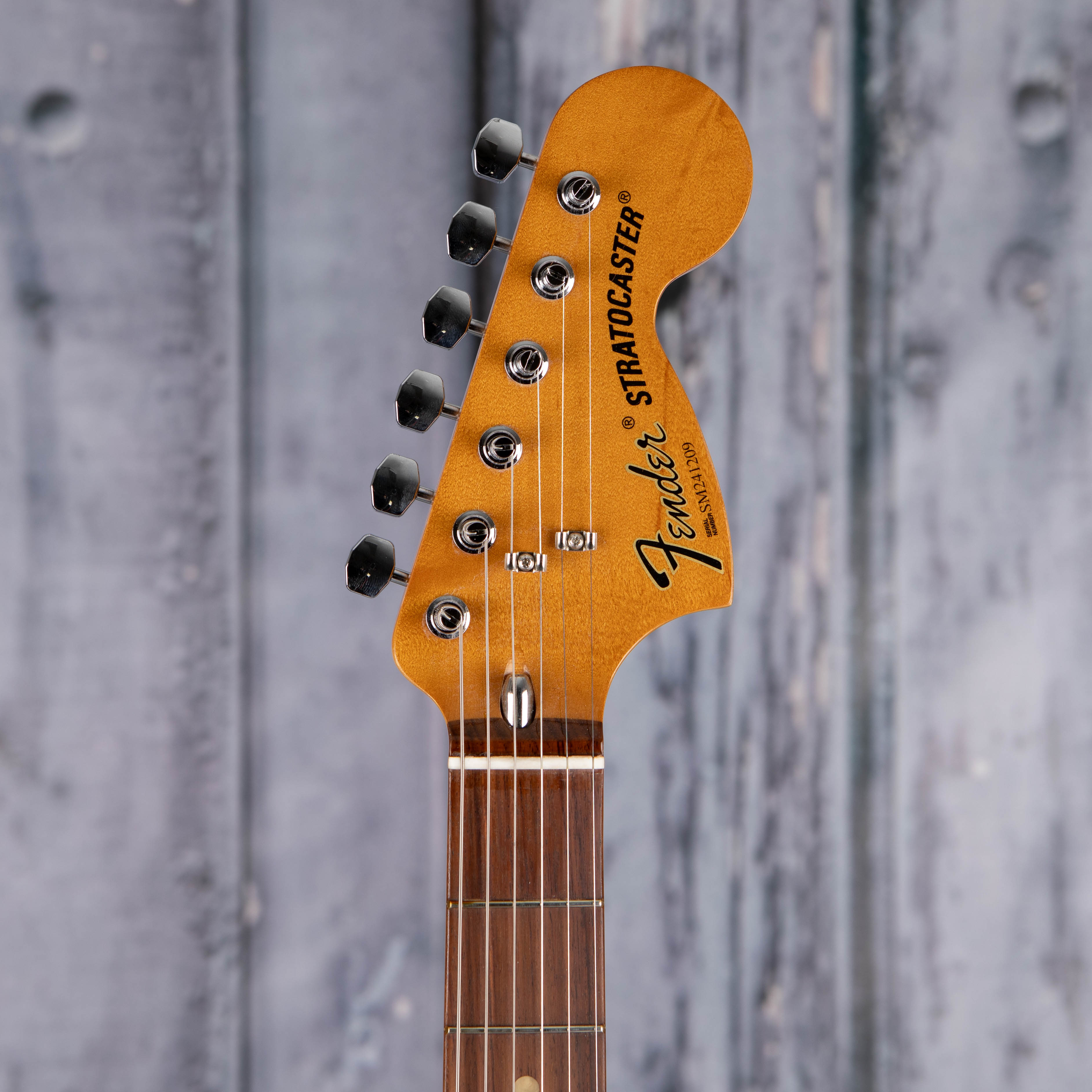 Fender 70th Anniversary Vintera II Antigua Stratocaster Electric Guitar, Antigua, front headstock