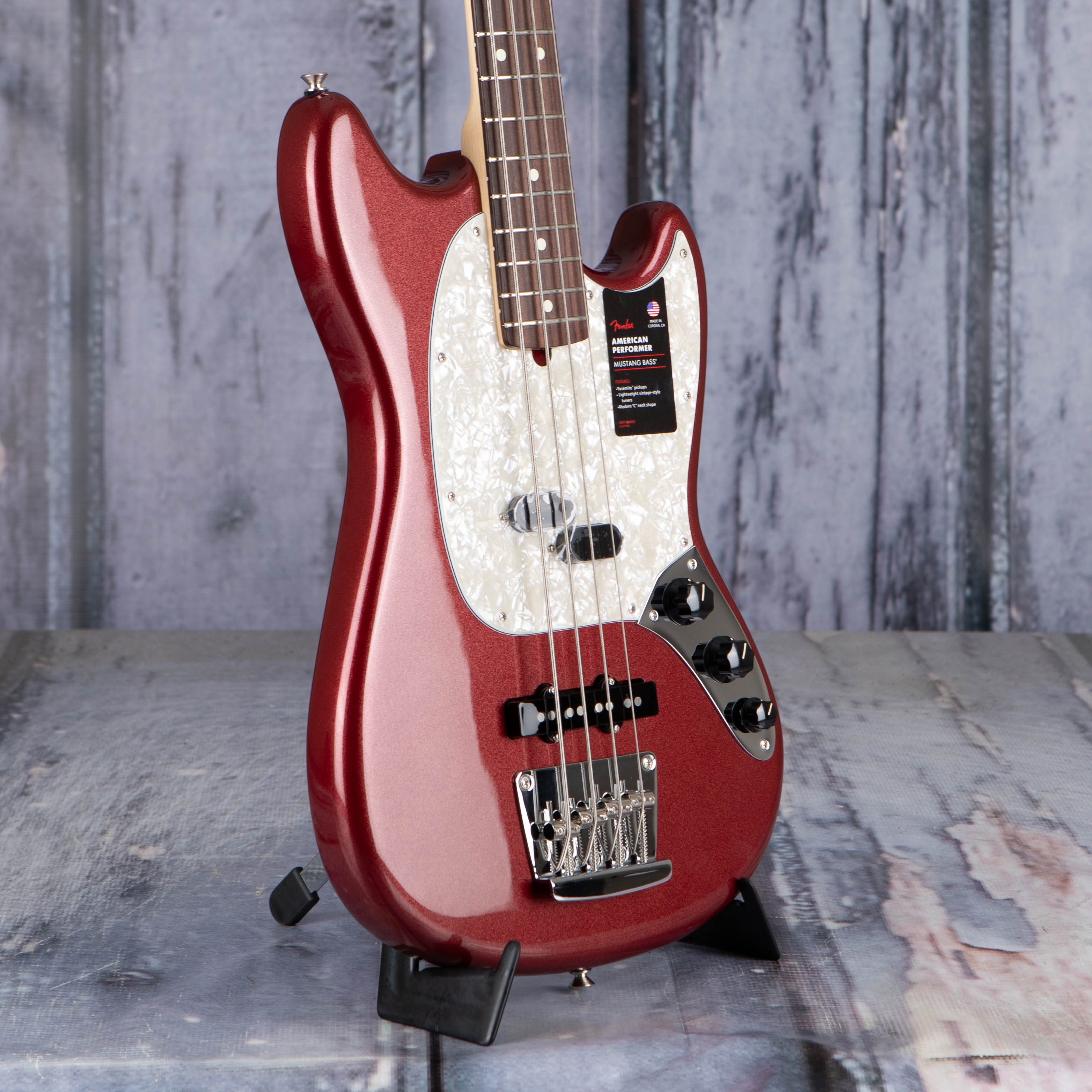 Fender American Performer Mustang Bass Guitar, Aubergine, angle