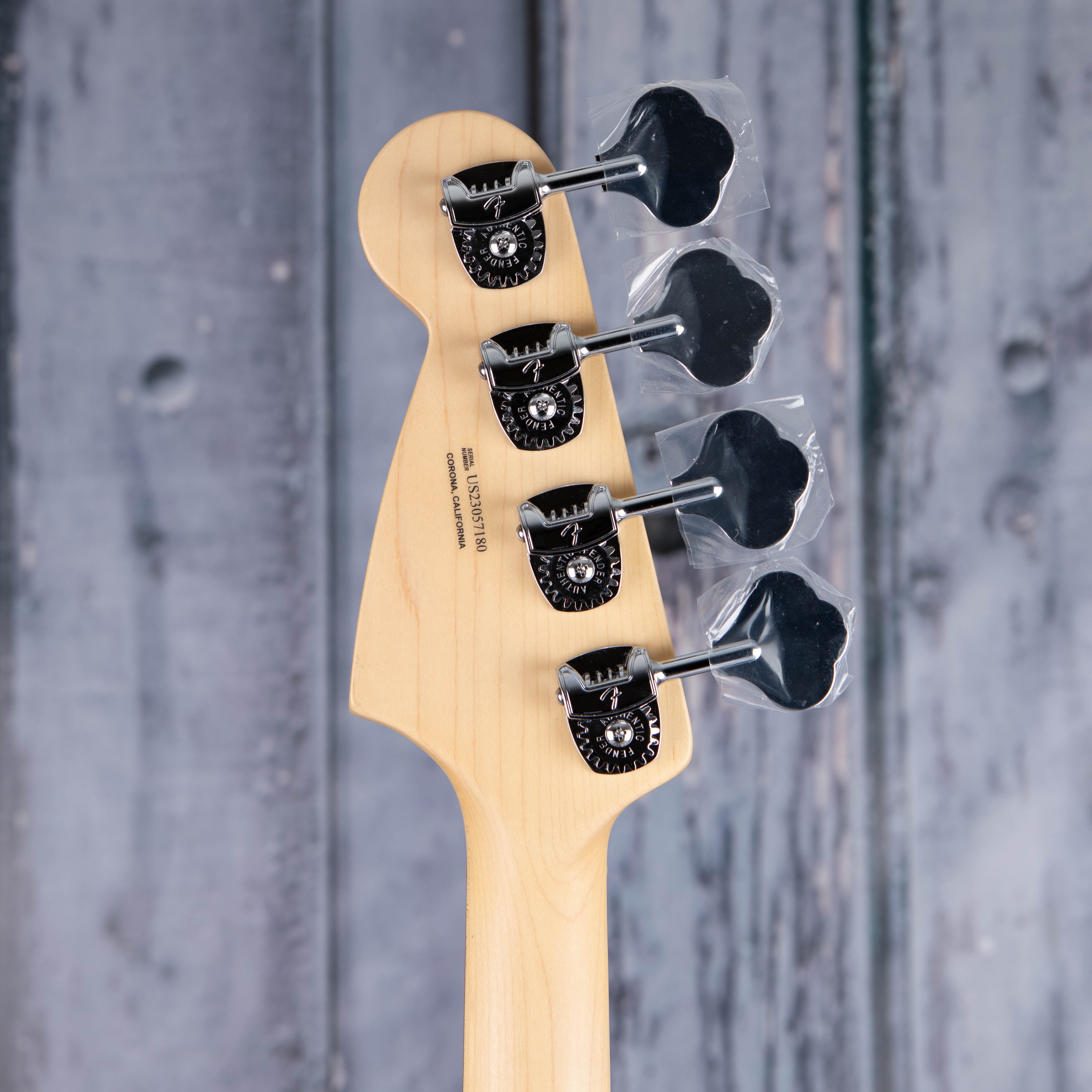 Fender American Performer Mustang Bass Guitar, Aubergine, back headstock