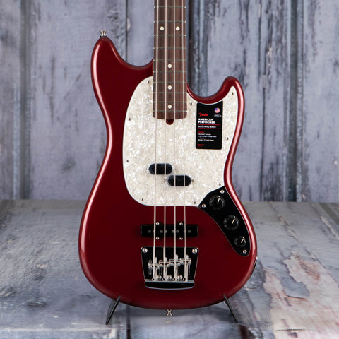 Fender American Performer Mustang Bass Guitar, Aubergine, front closeup