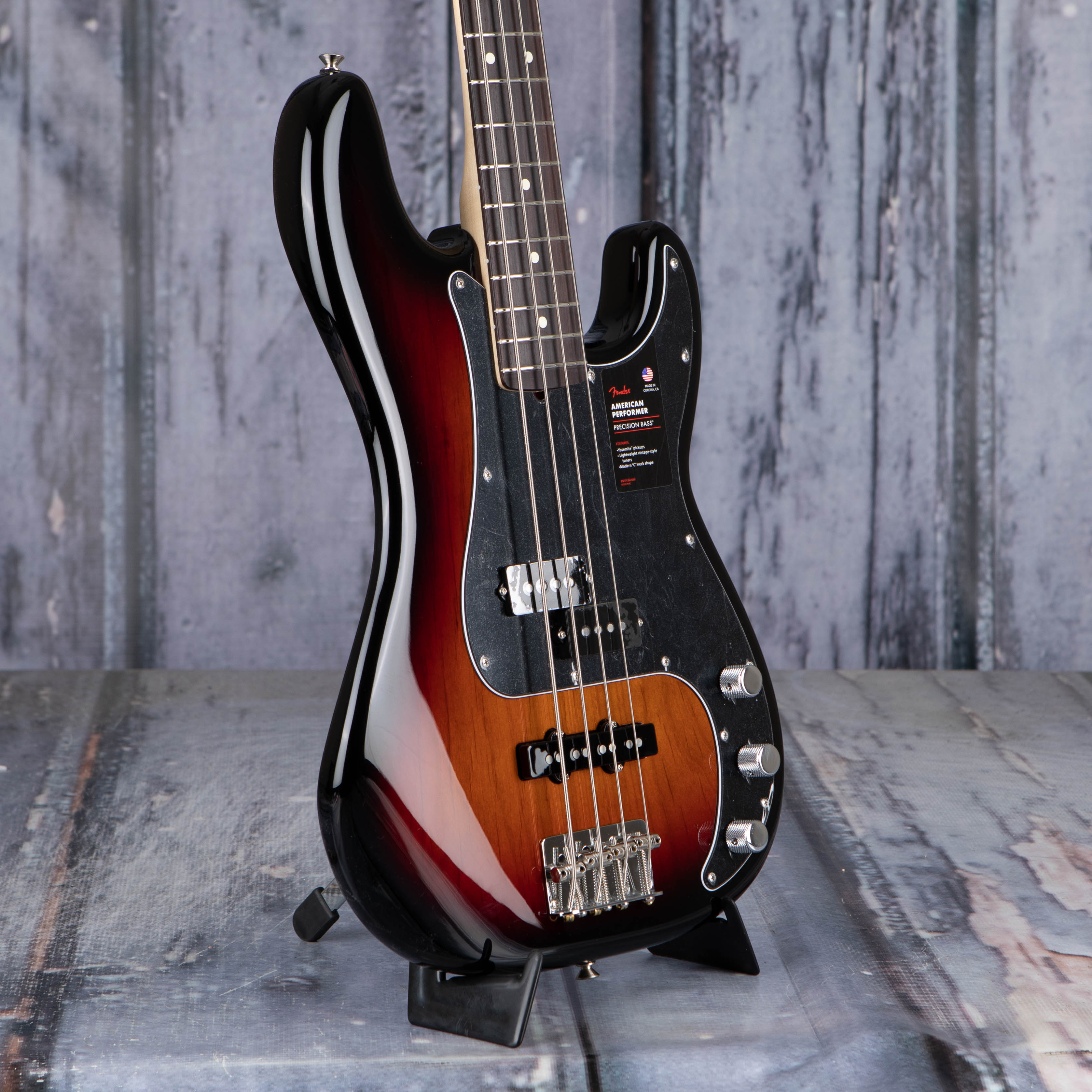 Fender American Performer Precision Bass Guitar, 3-Color Sunburst, angle