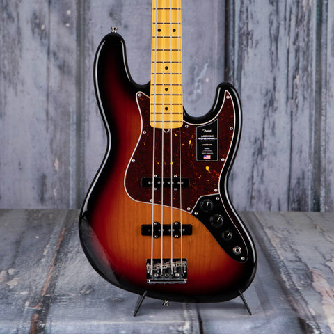 Fender American Professional II Jazz Bass Guitar, 3-Color Sunburst, front closeup