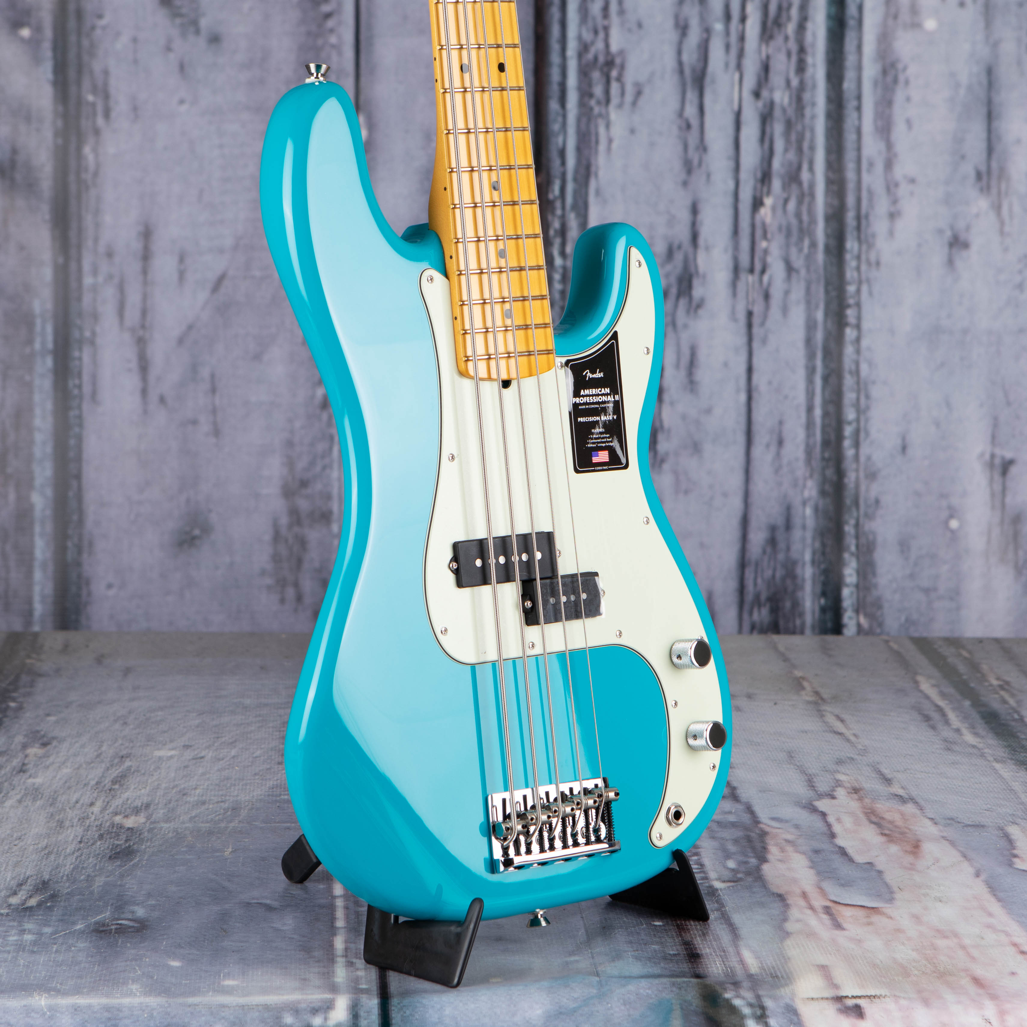 Fender American Professional II Precision Bass V 5-String Bass Guitar, Miami Blue, angle